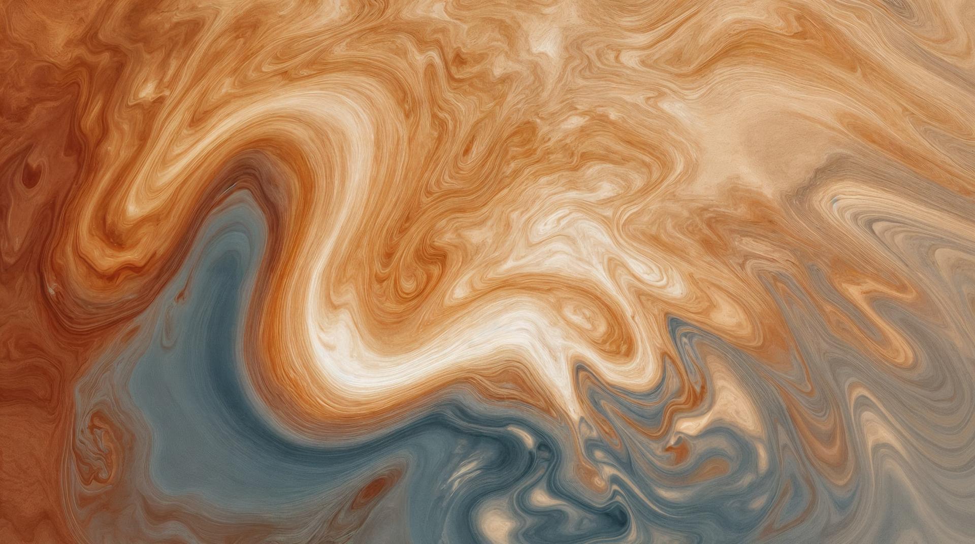 Swirling abstract design with earthy tones of brown, orange, and blue, resembling a fluid, marbled pattern.