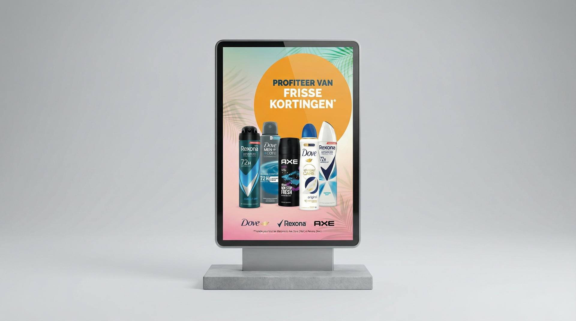 Backlit advertising display of Dove, Rexona and AXE deodorant cans under an orange circle reading "Profiteer van frisse kortingen."