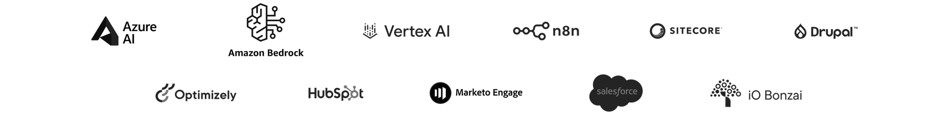 Logos of various AI and technology companies, including Vertex AI, OpenAI, Salesforce, and Hugging Face, arranged in a row on a white background.