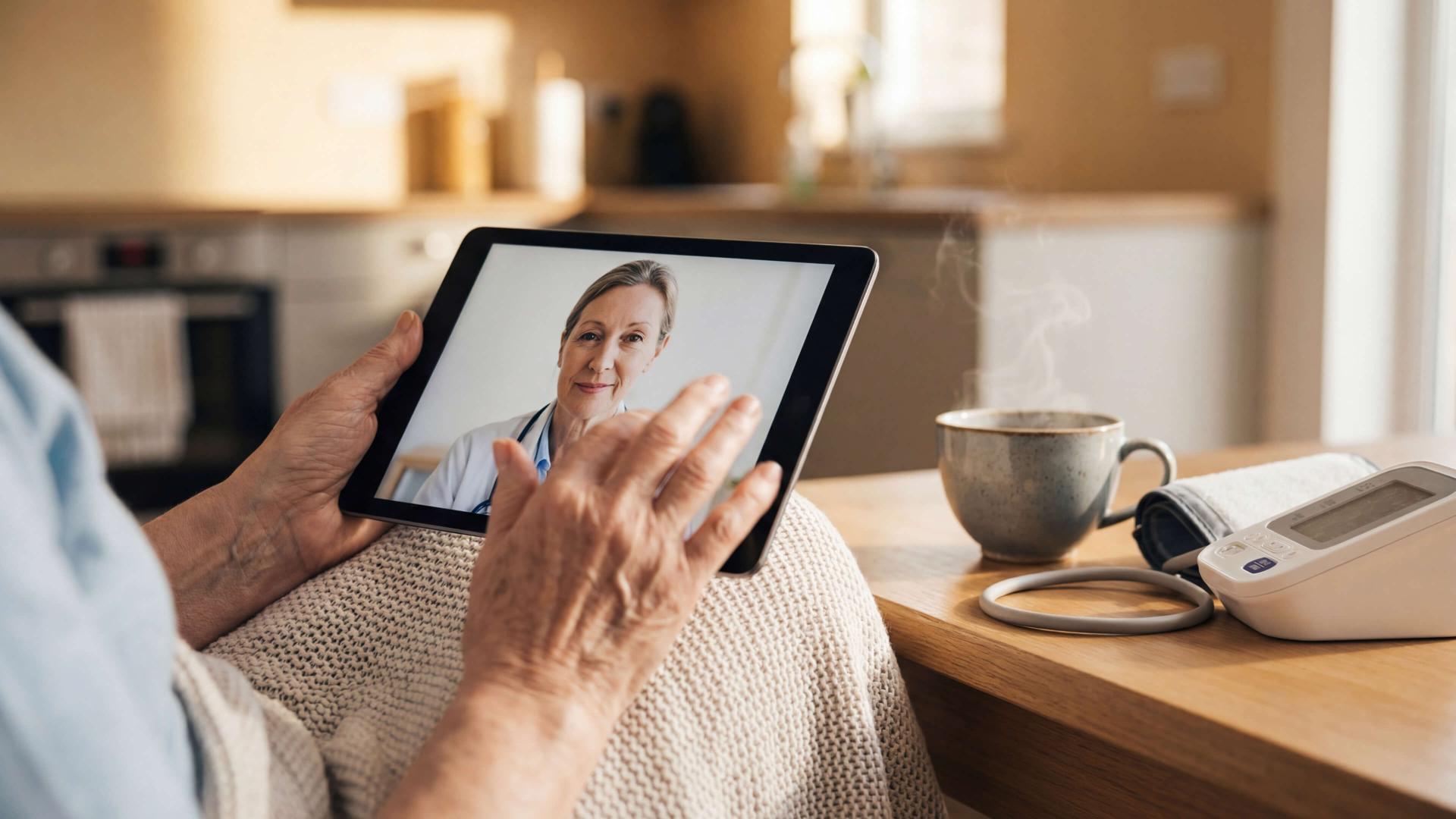 Close-up of hands holding a tablet showing a video call with a woman, a steaming cup, and a blood pressure monitor on the table.