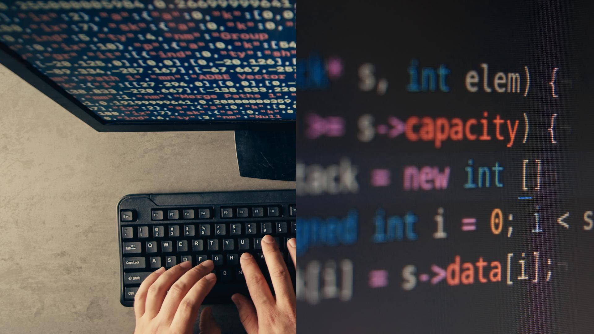 Hands typing on a keyboard, with colorful code displayed on a computer screen, emphasizing software development.