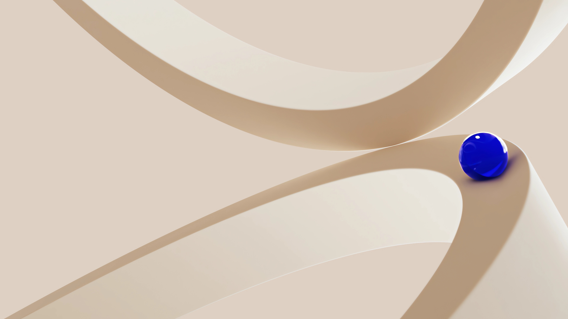 A blue sphere rests at the intersection of two large, curved beige ribbons against a light background.