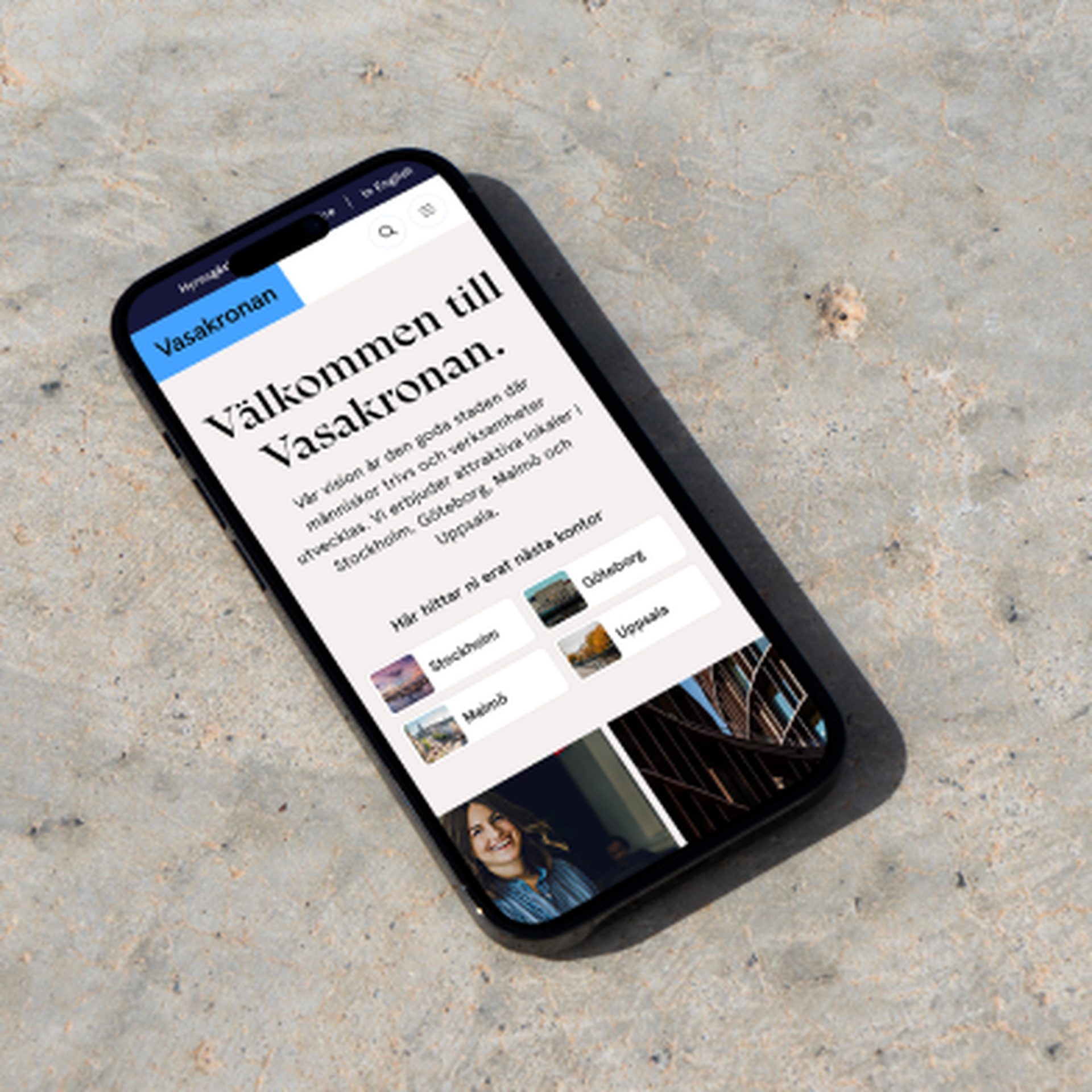 Image of a phone with the site of Vasakronan