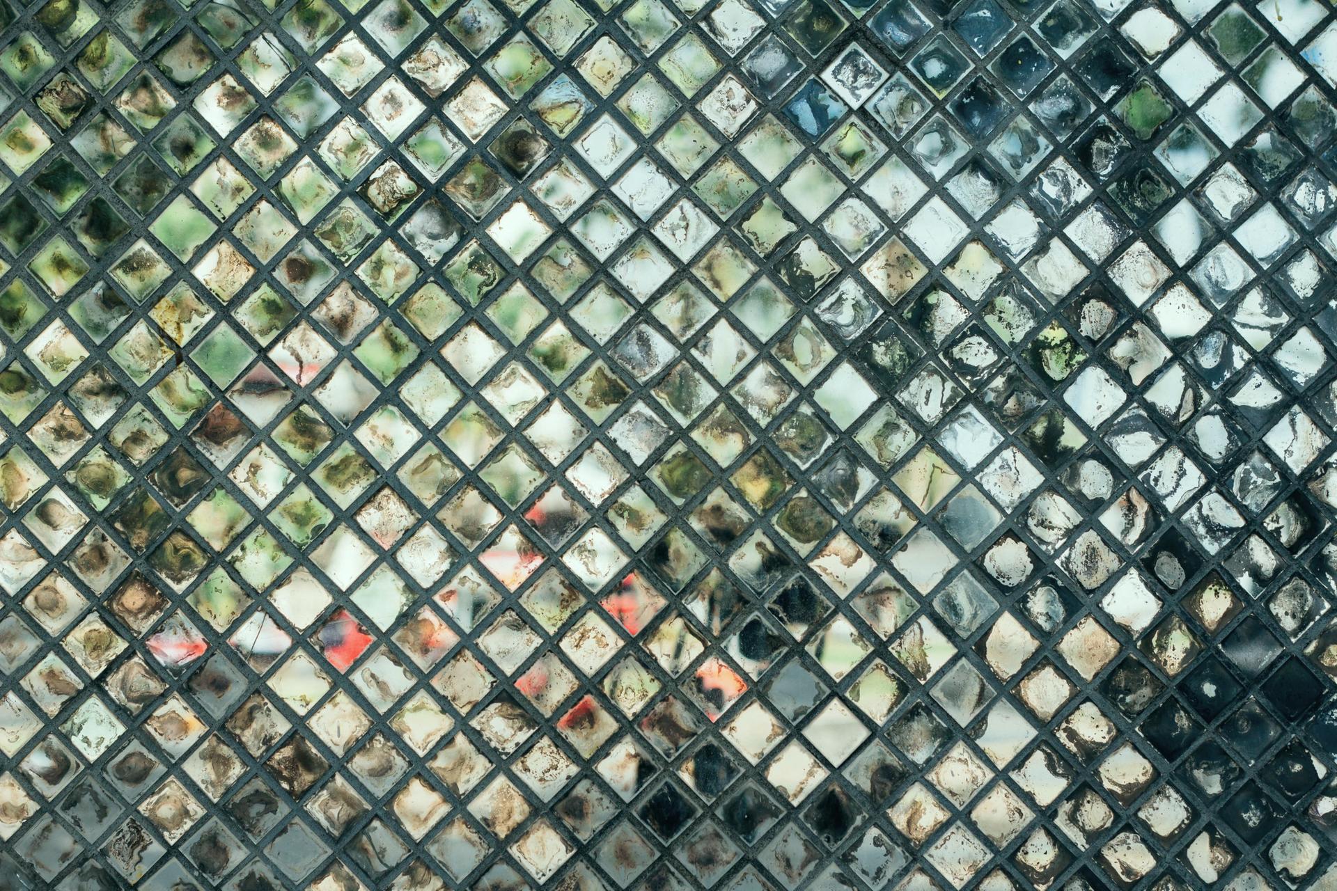 Blurred view through a diamond-patterned glass window, with various colors visible, suggesting an outdoor scene behind the textured surface.