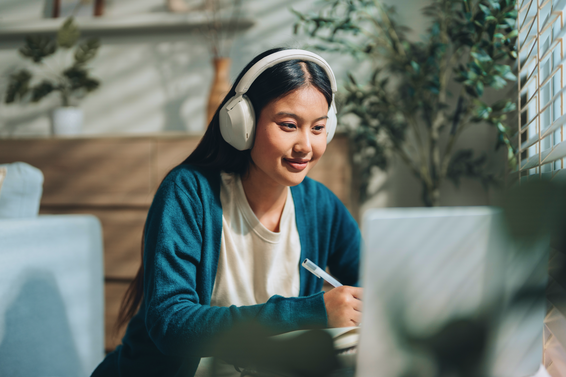 girl with headphones smiling