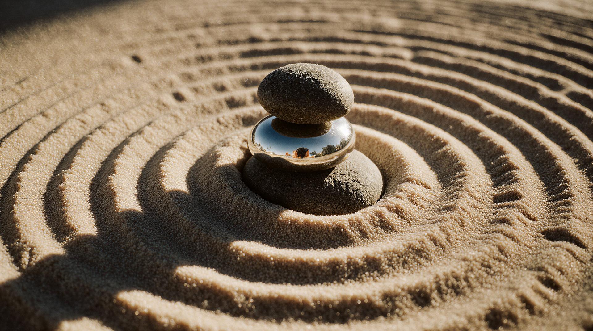 A smooth, reflective stone and two stacked rocks in a sand garden with concentric circles create a serene, zen-like atmosphere.