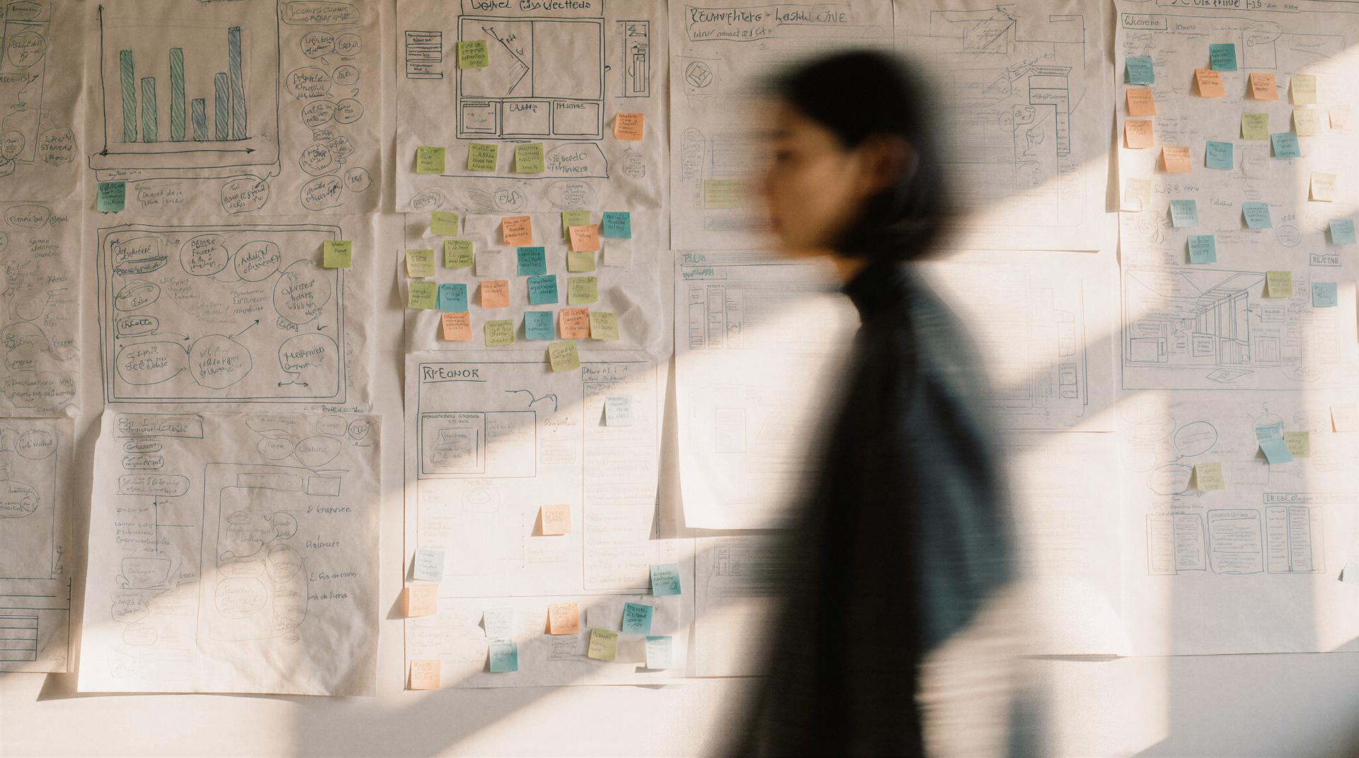 A person walks past a wall covered in sheets of paper with handwritten notes and colorful sticky notes, giving a sense of motion and creativity.