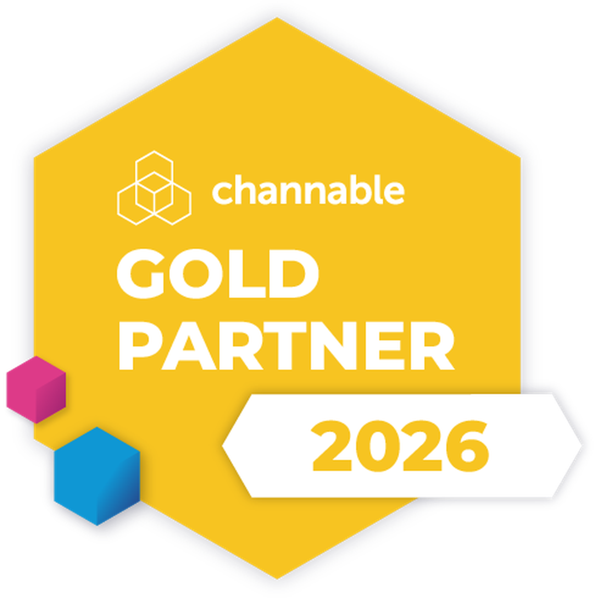 Hexagonal badge with "channable GOLD PARTNER 2026" text, featuring white, pink, and blue hexagonal accents.