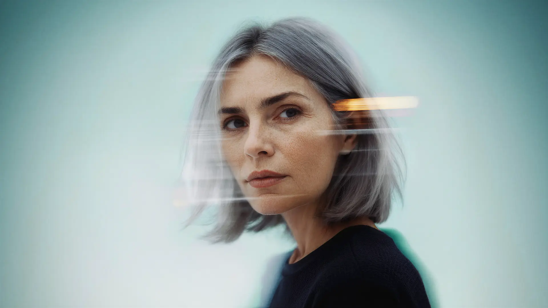 Woman with short gray hair and serious expression, standing against a blurred teal background. Motion blur effect adds dynamic lines across the image.