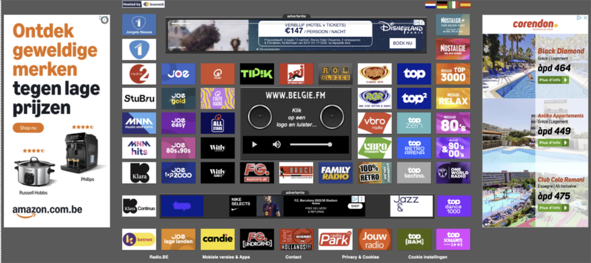 A webpage displaying numerous radio station logos, advertisements, and a central media player. Various colorful logos and text are visible.