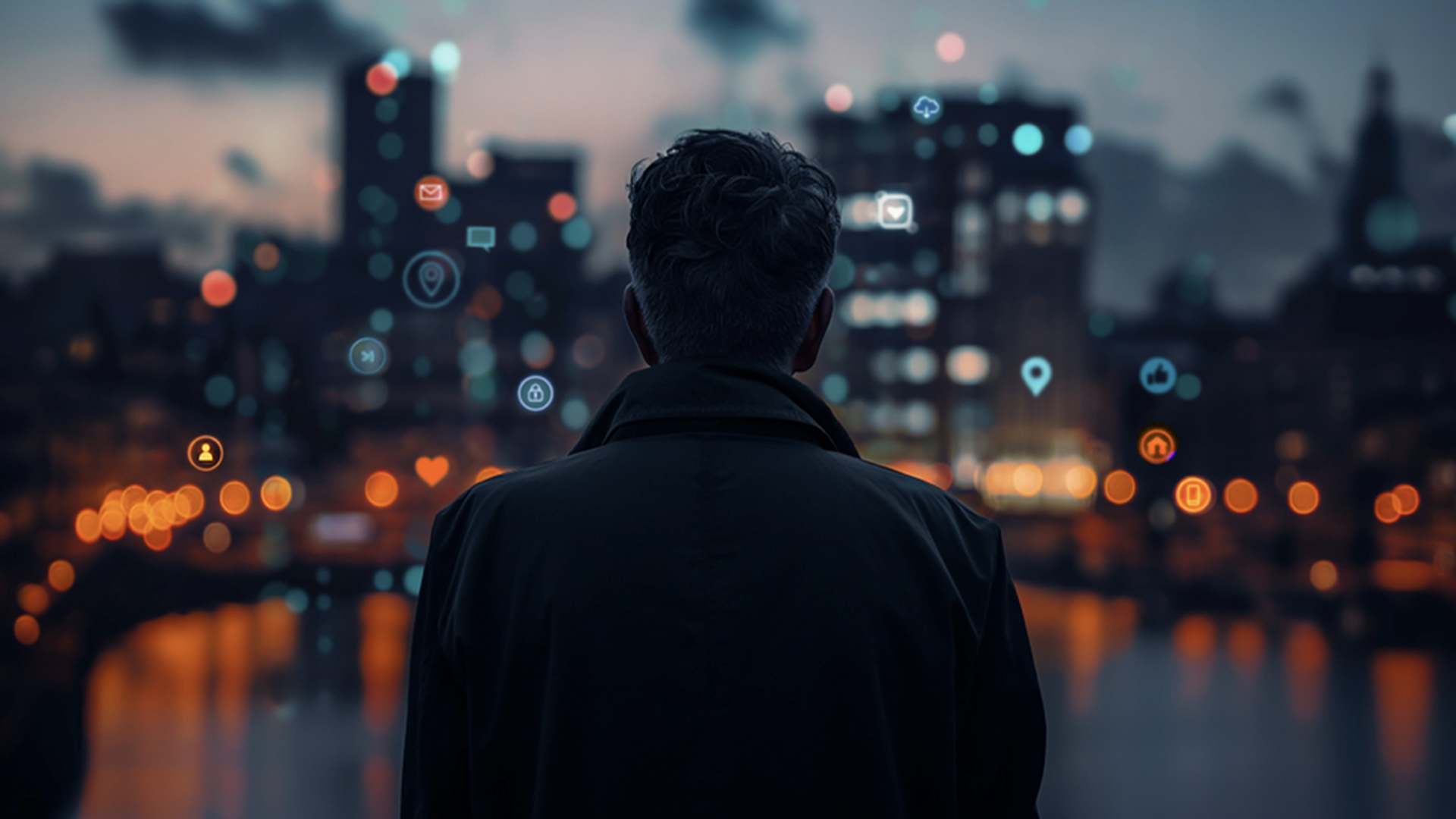Person in the dark looking at city skyline