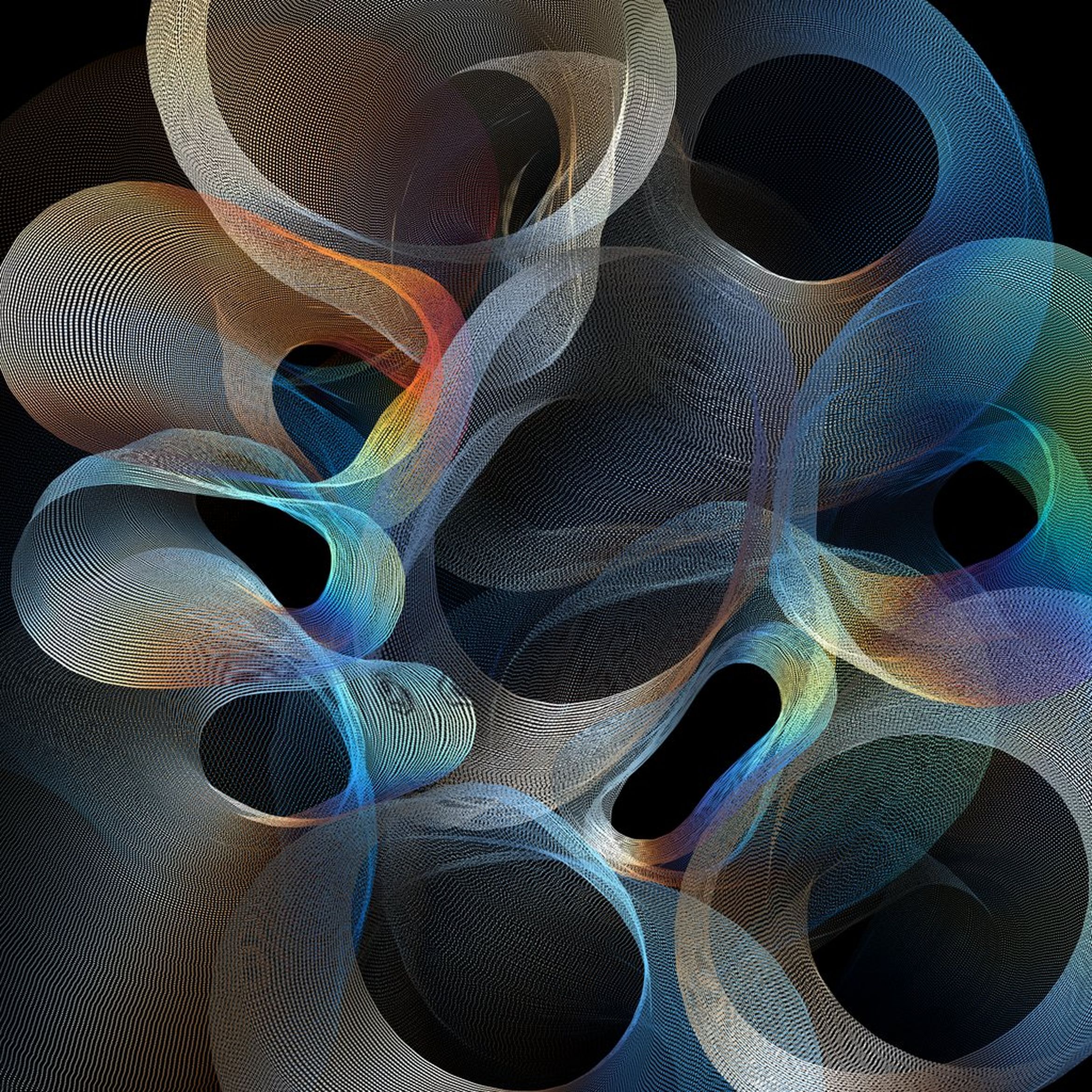 Artwork by Zach Lieberman, 'Blob Family Dashed', 2024, of multicoloured waves and spirals