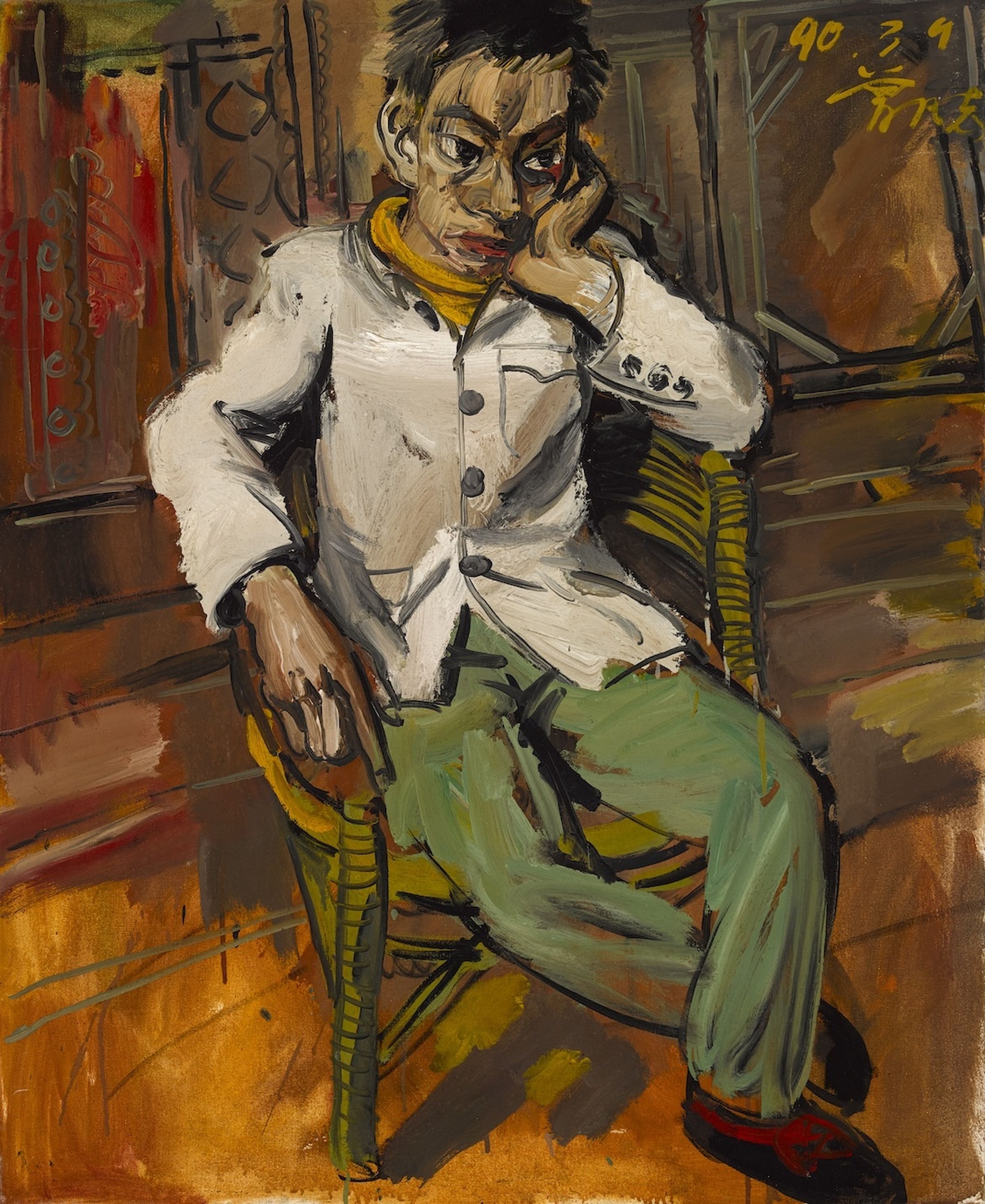 Expressionist painting of a person in a white jacket and green pants, sitting on a chair, resting their face on their hand, with a pensive expression.