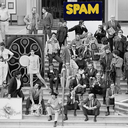 Black and white photo of Ed Rucha on the steps of LACMA among other artists, with the 'Actual Size' painting in colour behind him. Black and white photo of Ed Rucha on the steps of LACMA among other artists, with the 'Actual Size' painting in colour behind him.