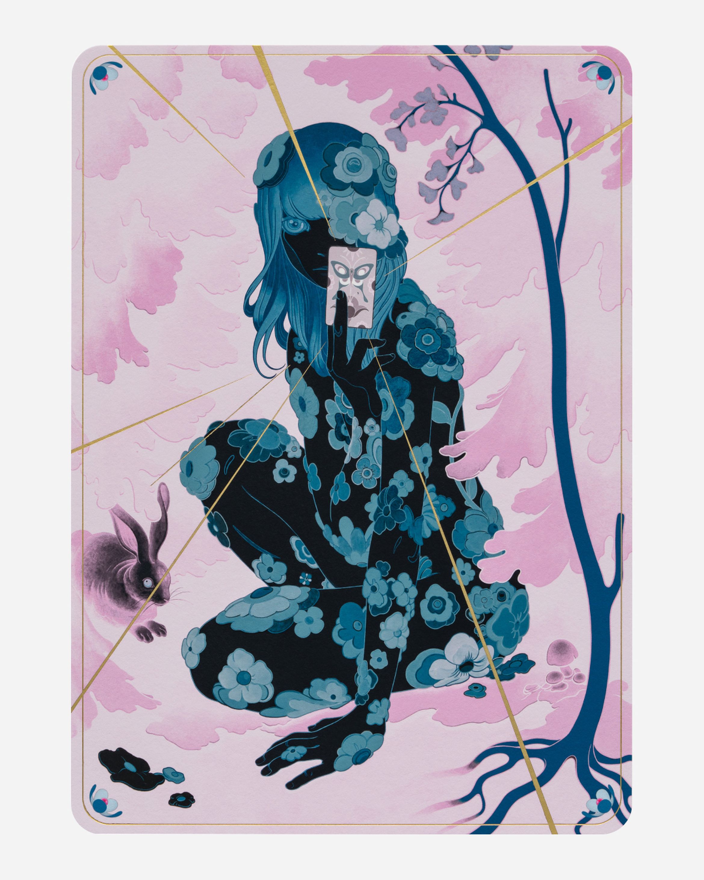 Illustration of a person with blue floral patterns, holding a card, set against a pink background with cherry blossoms