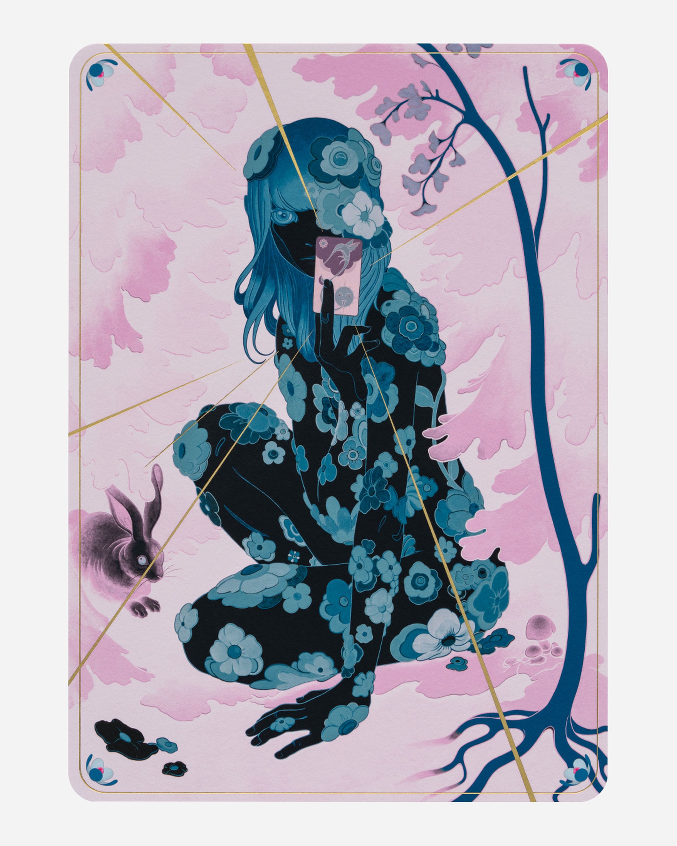 Illustration of a person with blue floral patterns, holding a card, set against a pink background with cherry blossoms
