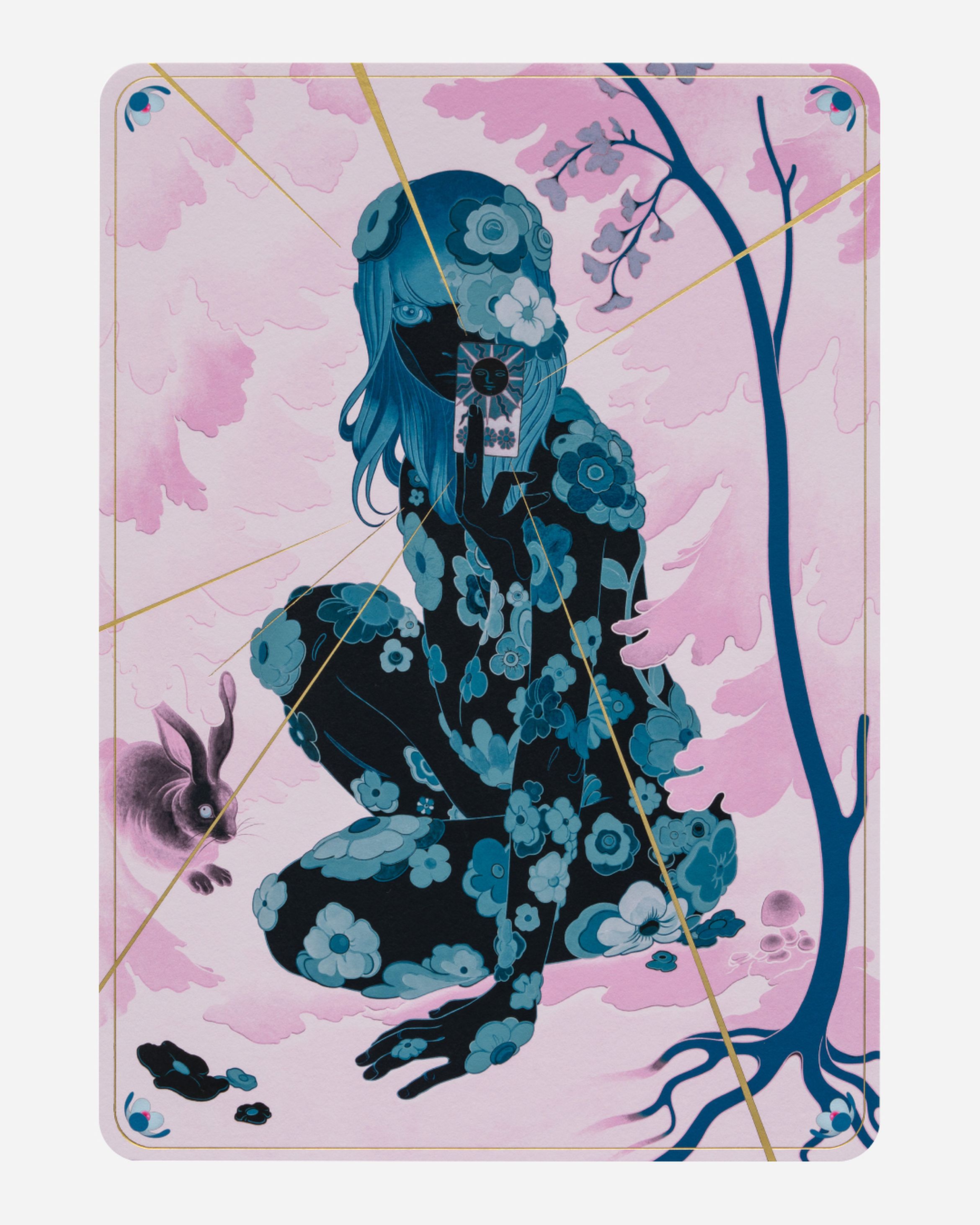 Illustration of a person with blue floral patterns, holding a card, set against a pink background with cherry blossoms
