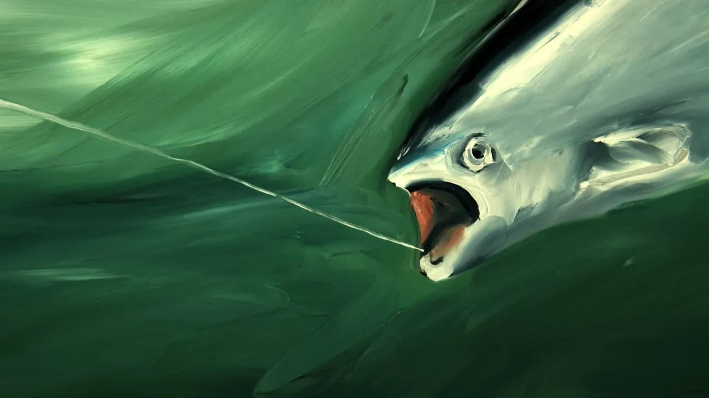 Oil painting of a silver fish caught on a line in a green background