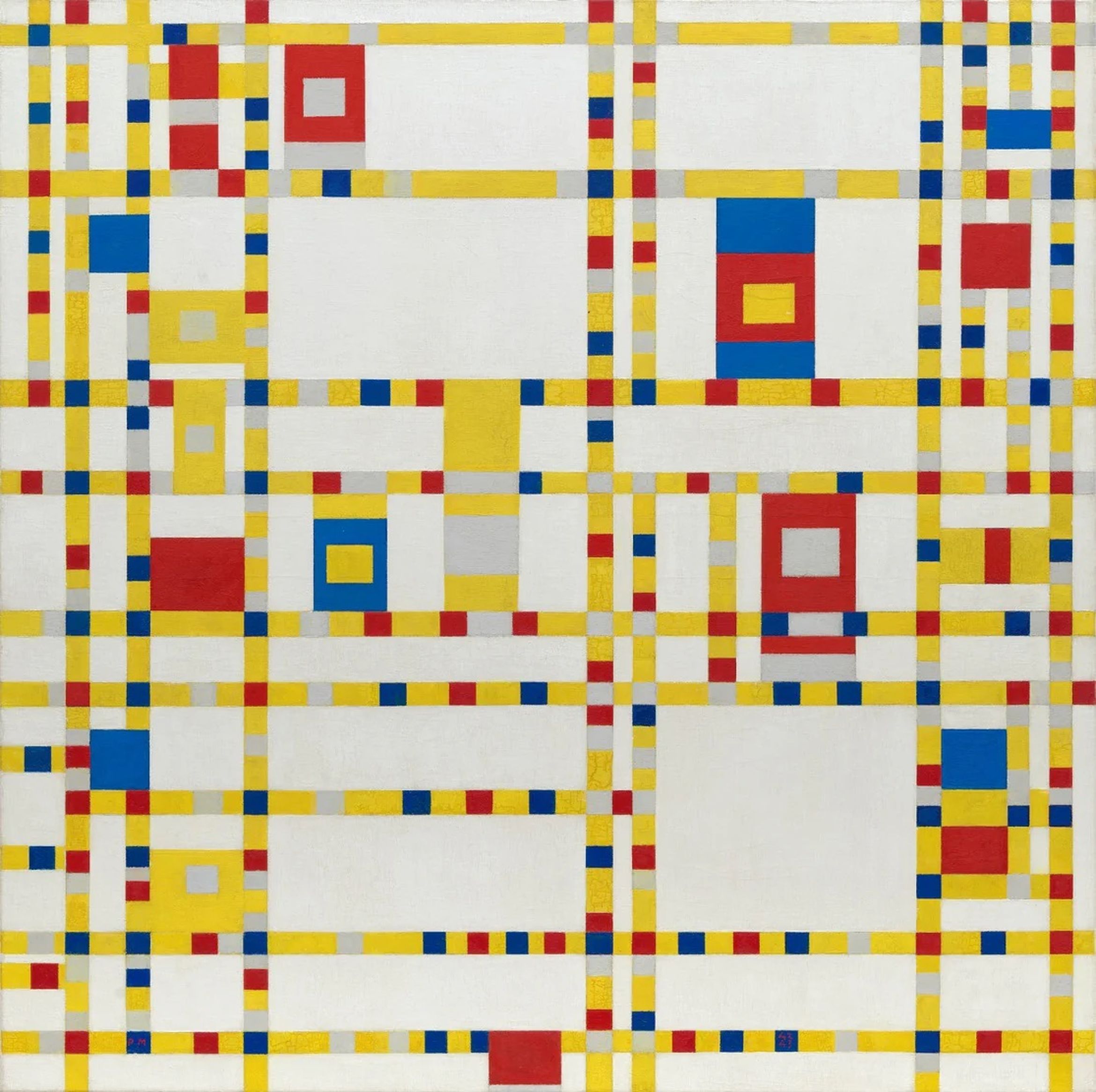Abstract painting with intersecting red, yellow, and blue lines forming rectangles and squares on a white background.