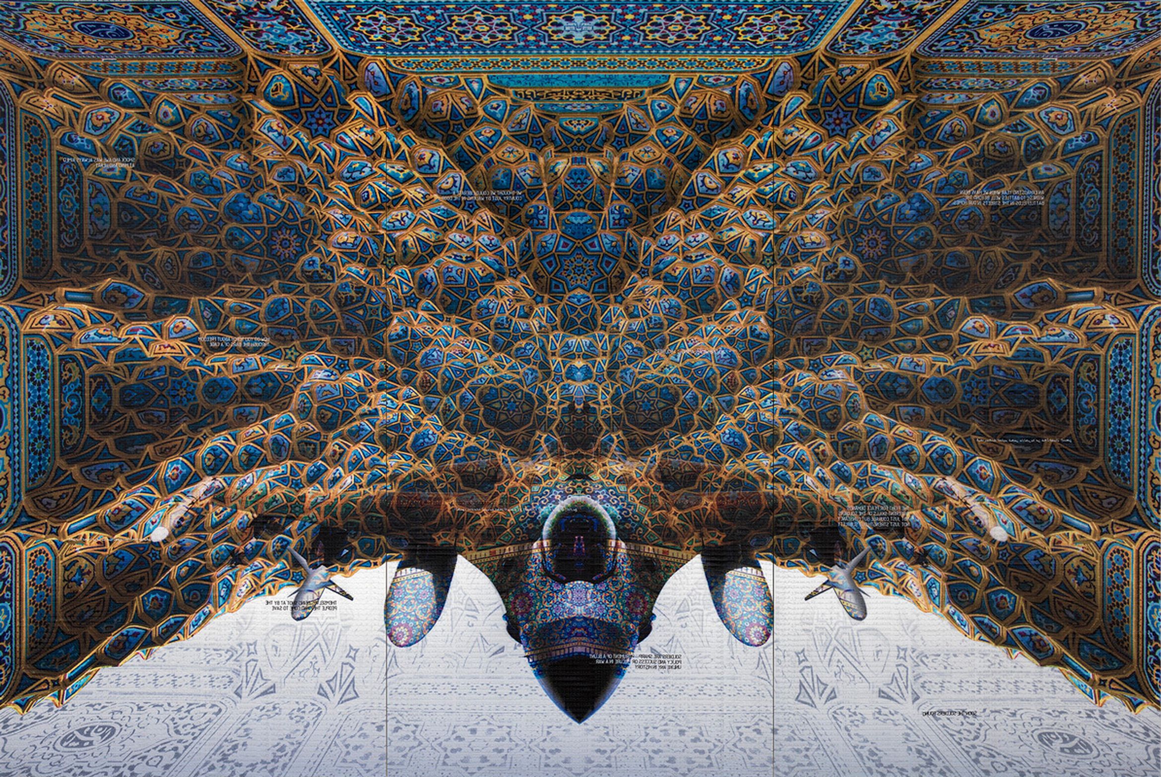 A fighter jet with an intricate mosaic pattern on its surface, blending into a background of ornate geometric ceiling designs.