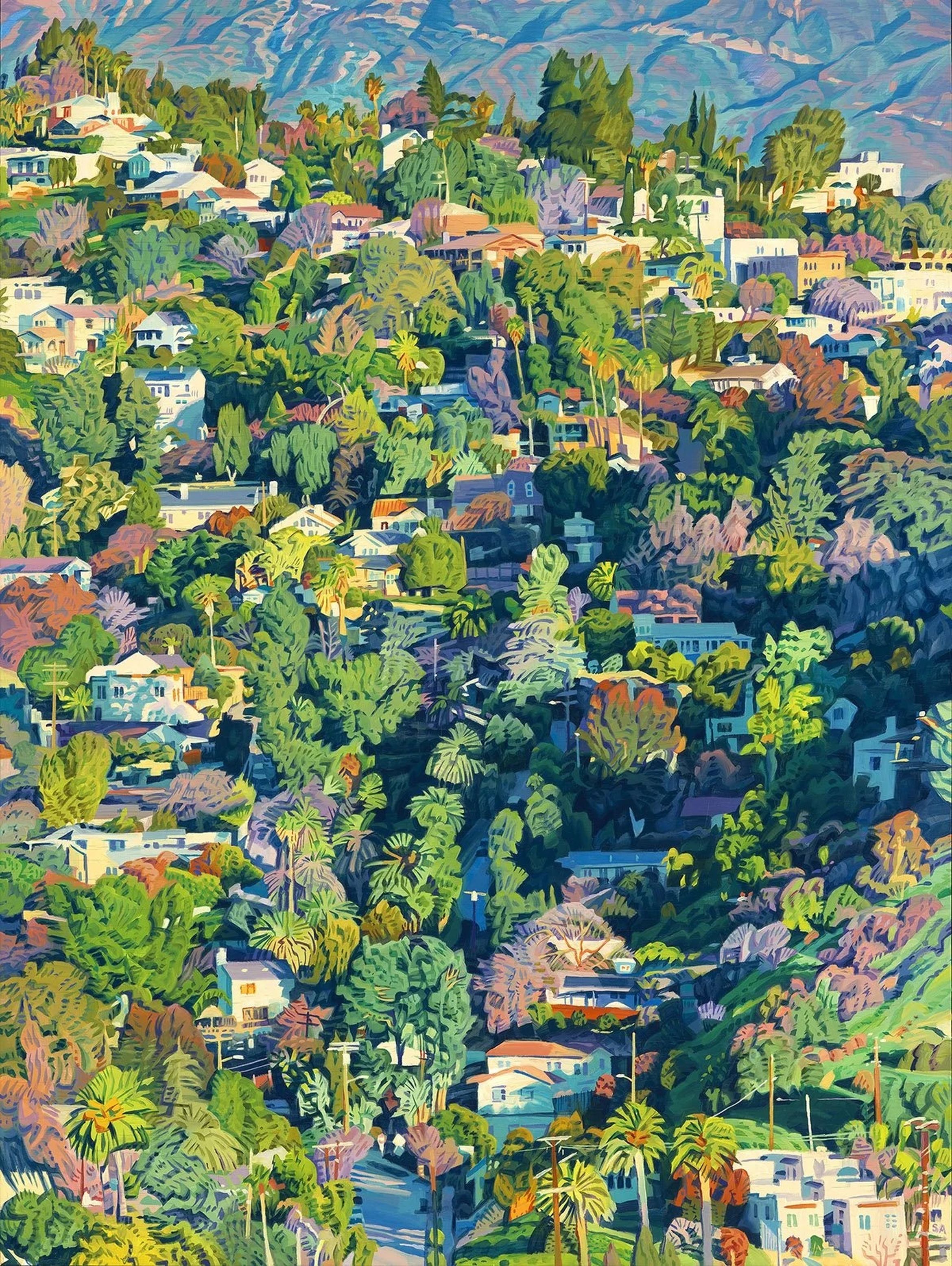 Colorful painting depicting a hilly neighborhood with lush greenery, houses, and palm trees, set against a backdrop of mountains.