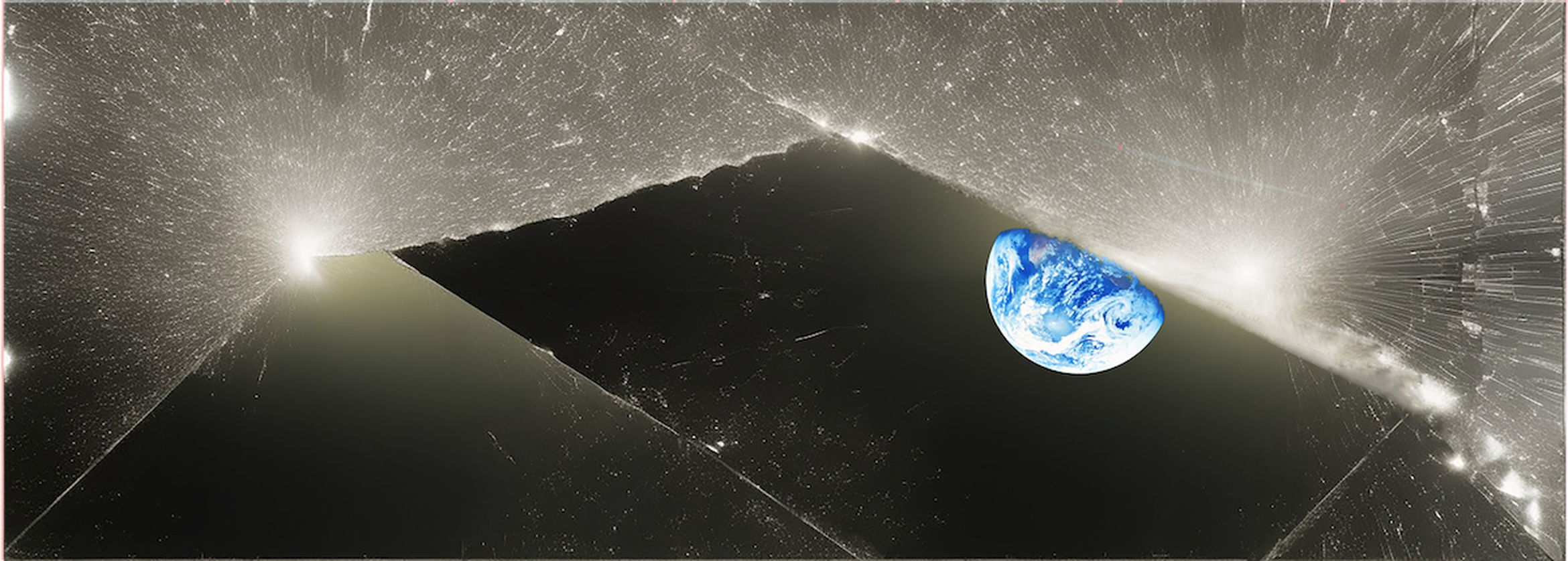 A cosmic scene with two bright explosions on a dark background and a small image of Earth in the center.