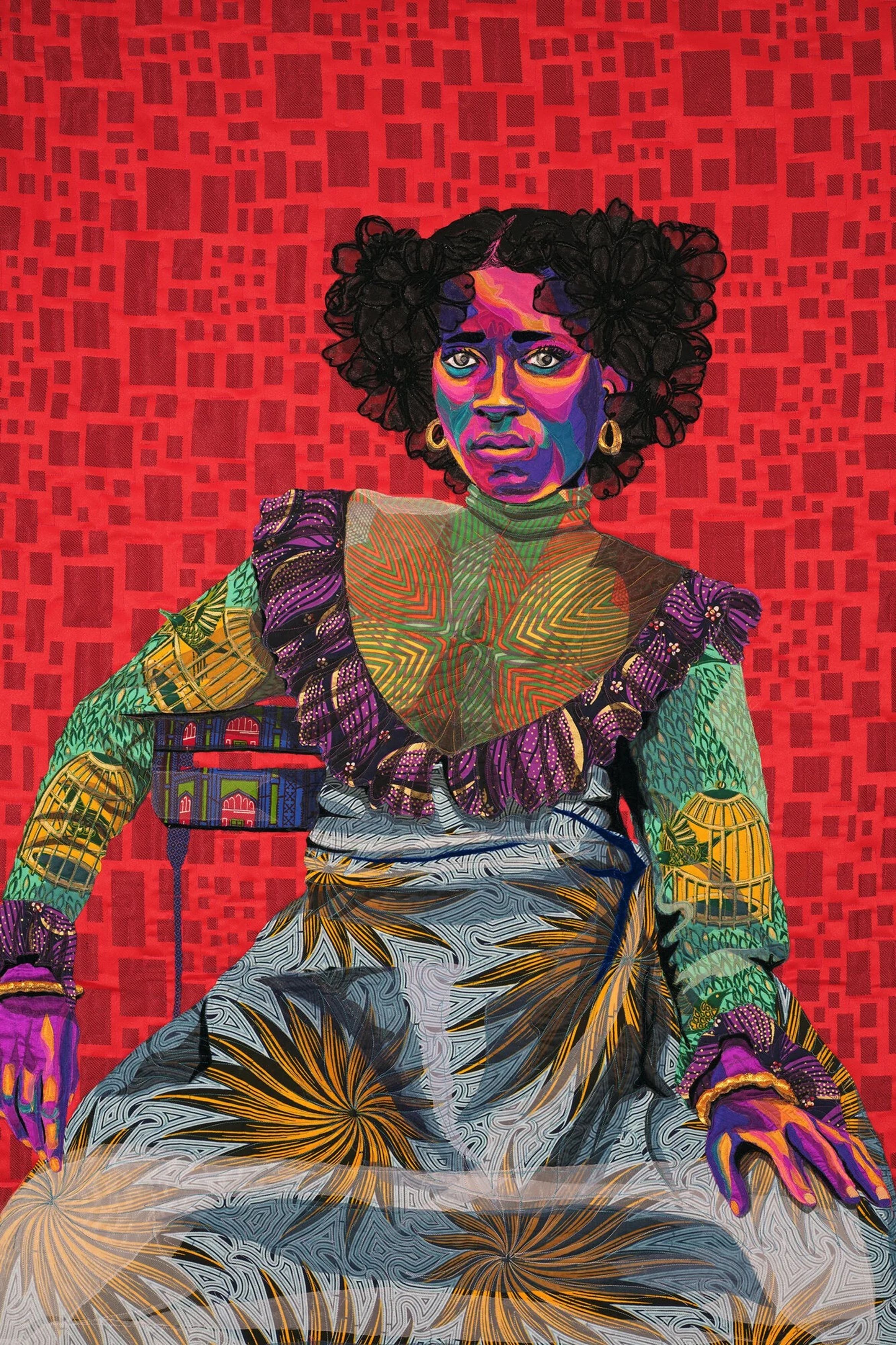 A colorful portrait of a seated person with curly hair, vibrant patterned clothing, and a red geometric background.