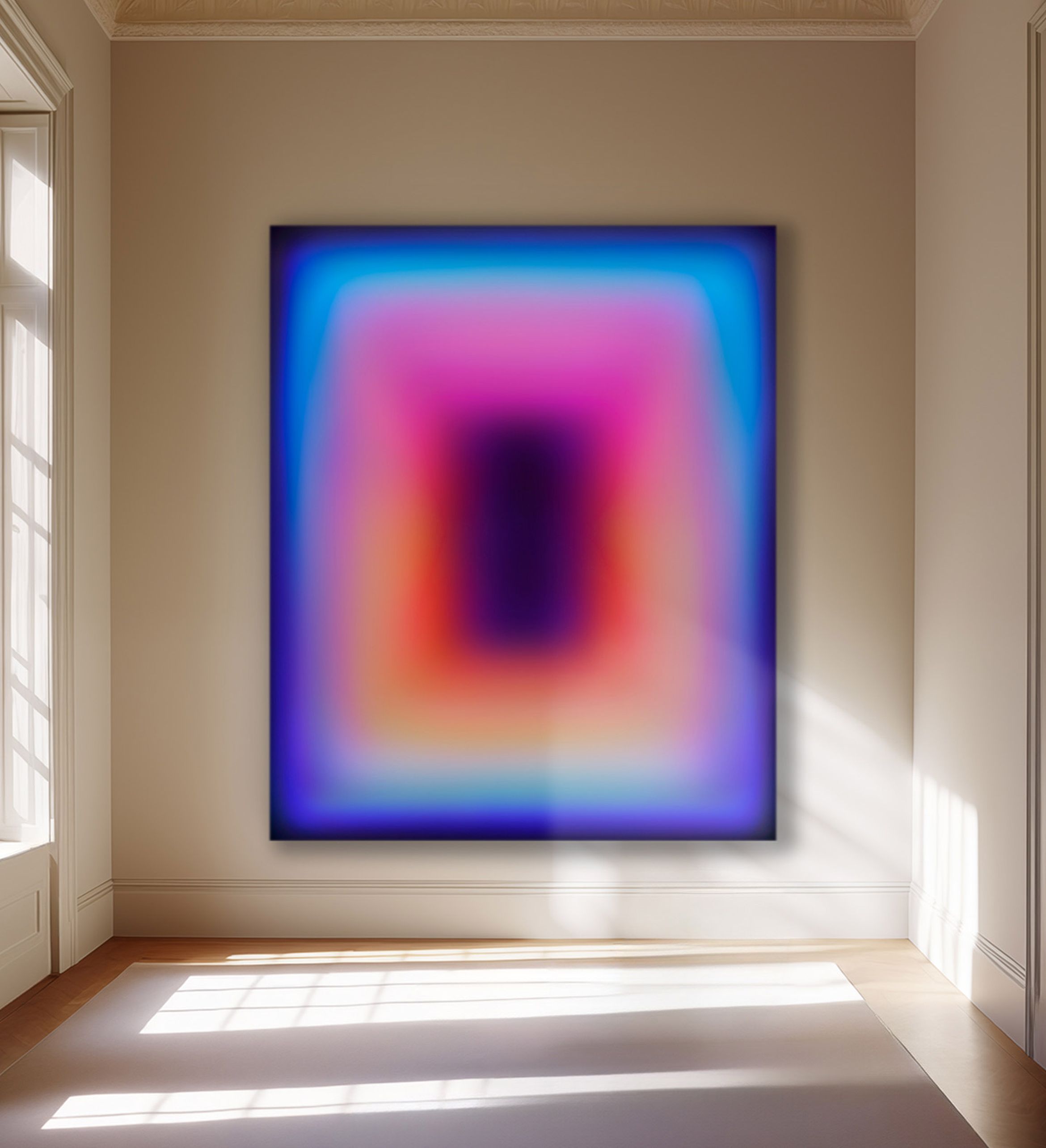 Abstract gradient artwork with vibrant blues, pinks, and purples, creating a soft, glowing effect on a wall in a sunlit room.
