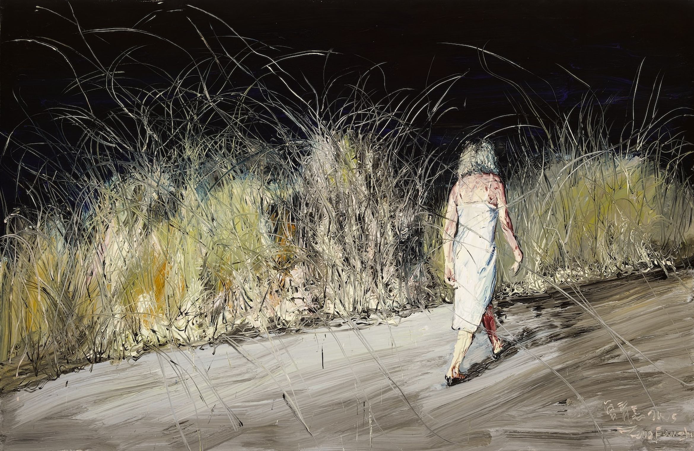 A person in a white dress walks along a path at night, surrounded by tall, wispy grass under a dark sky.