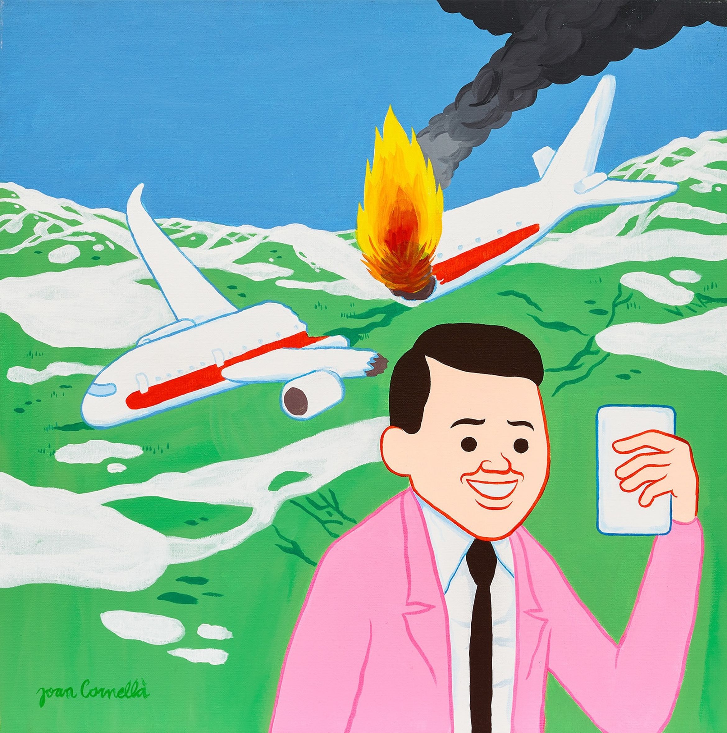 A satirical work by Joan Cornellà where a man escapes a burning plane holding an iPhone