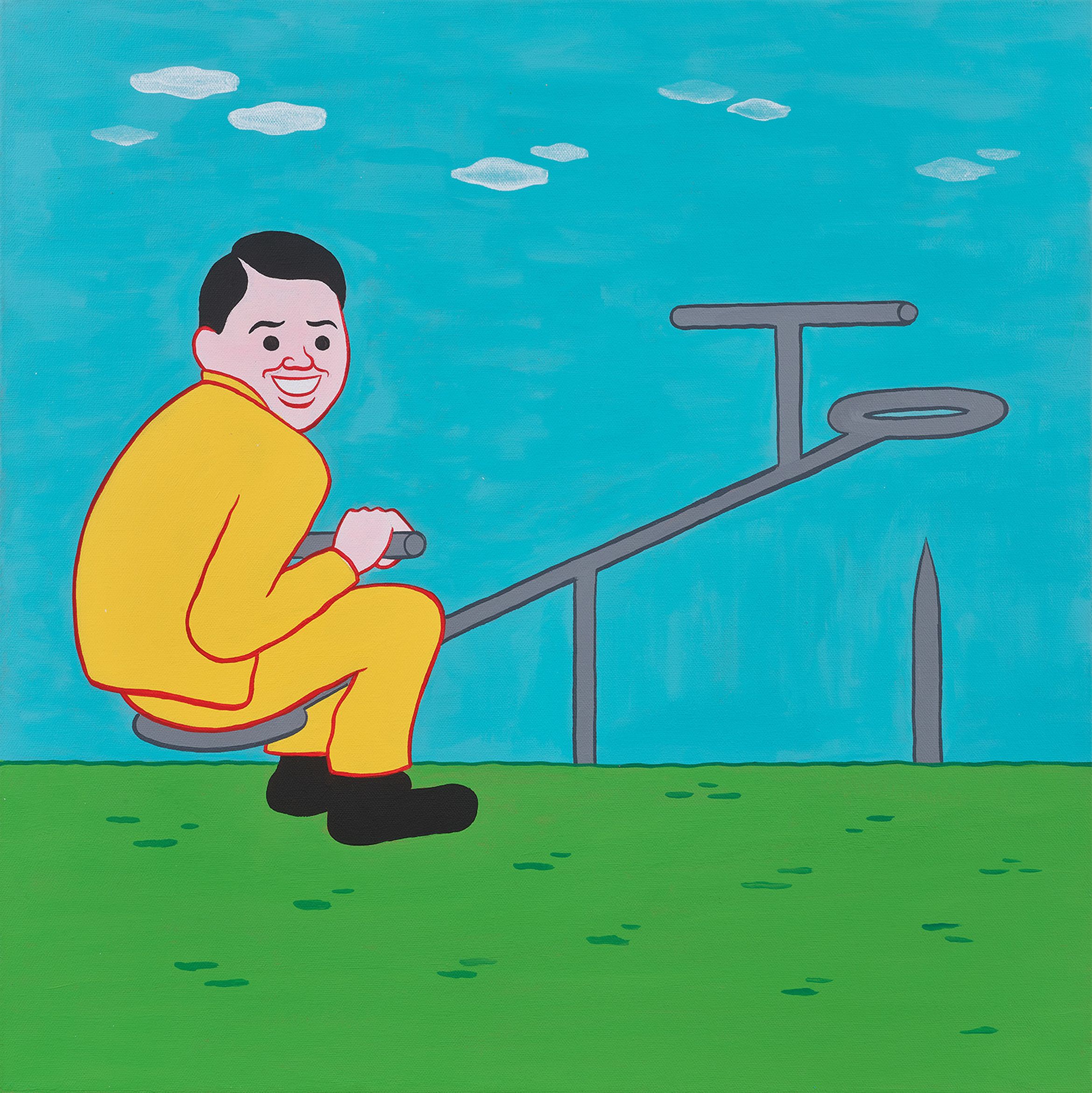 A satirical artwork of a man sitting on an empty swing, 'Untitled 24'