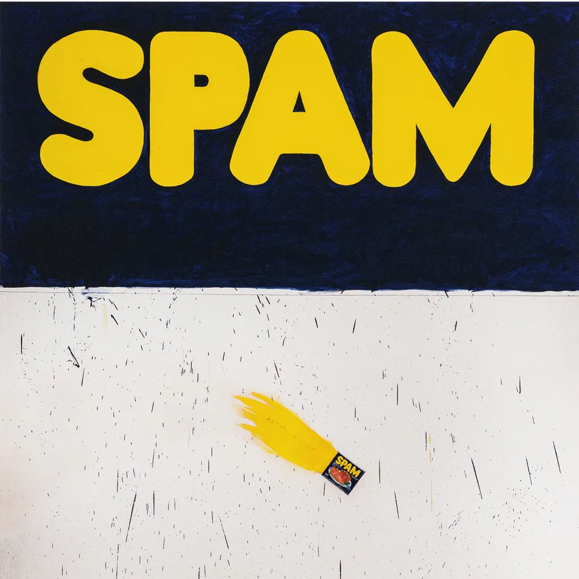Abstract artwork featuring the word "SPAM" in bold yellow letters on a dark background, with a small can and yellow brushstrokes below.