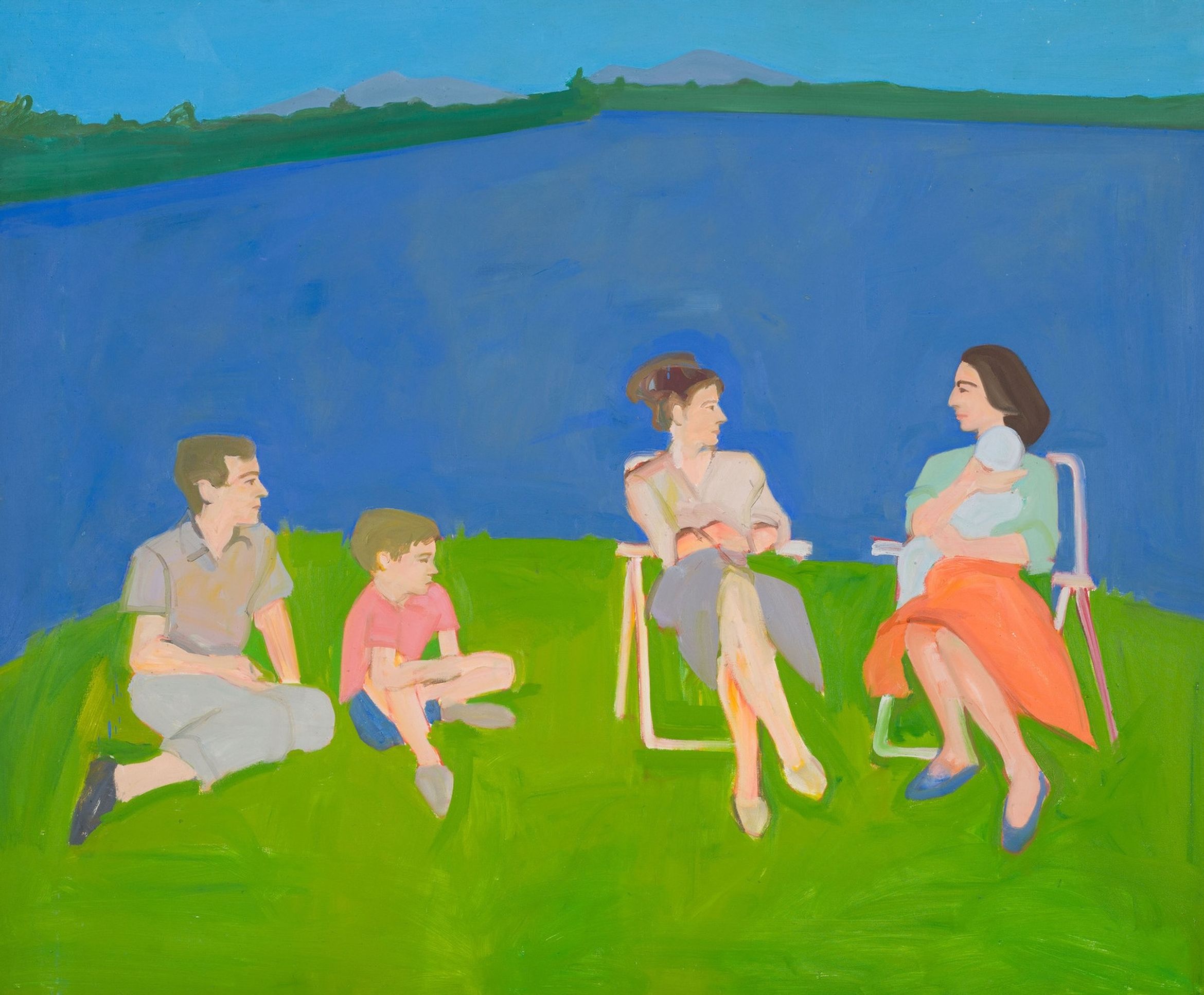 Lake Time, 1960, by Alex Katz depicts a family of four conversing around a lake, sat on a bank of grass.