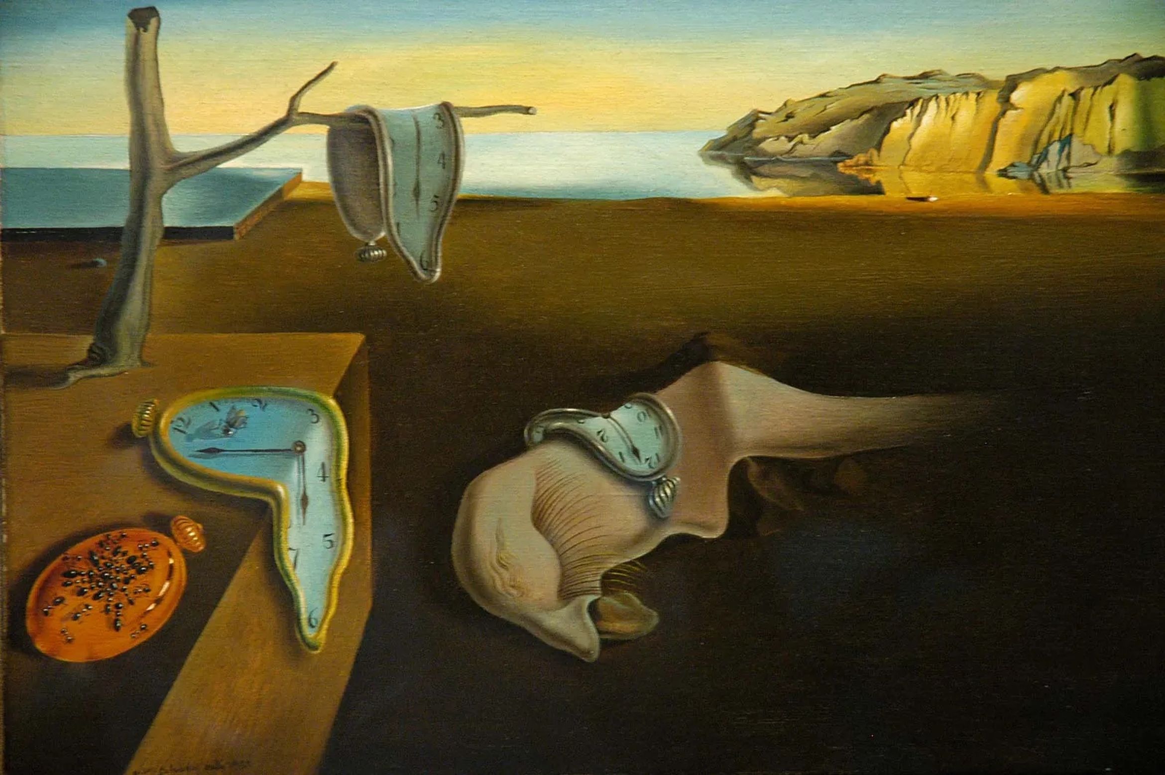 Surreal painting with melting clocks draped over a tree branch and a distorted face, set against a serene coastal landscape.