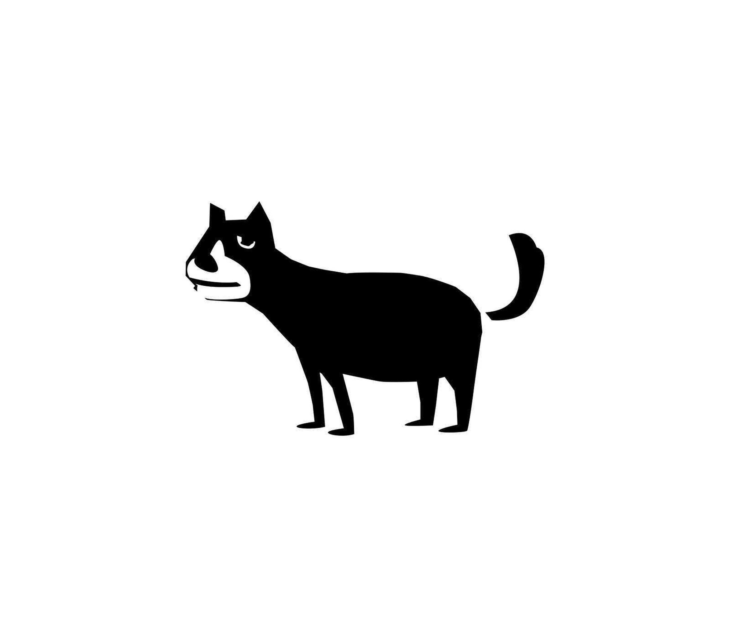 Silhouette of a cartoon-like dog standing with its tail raised on a white background.