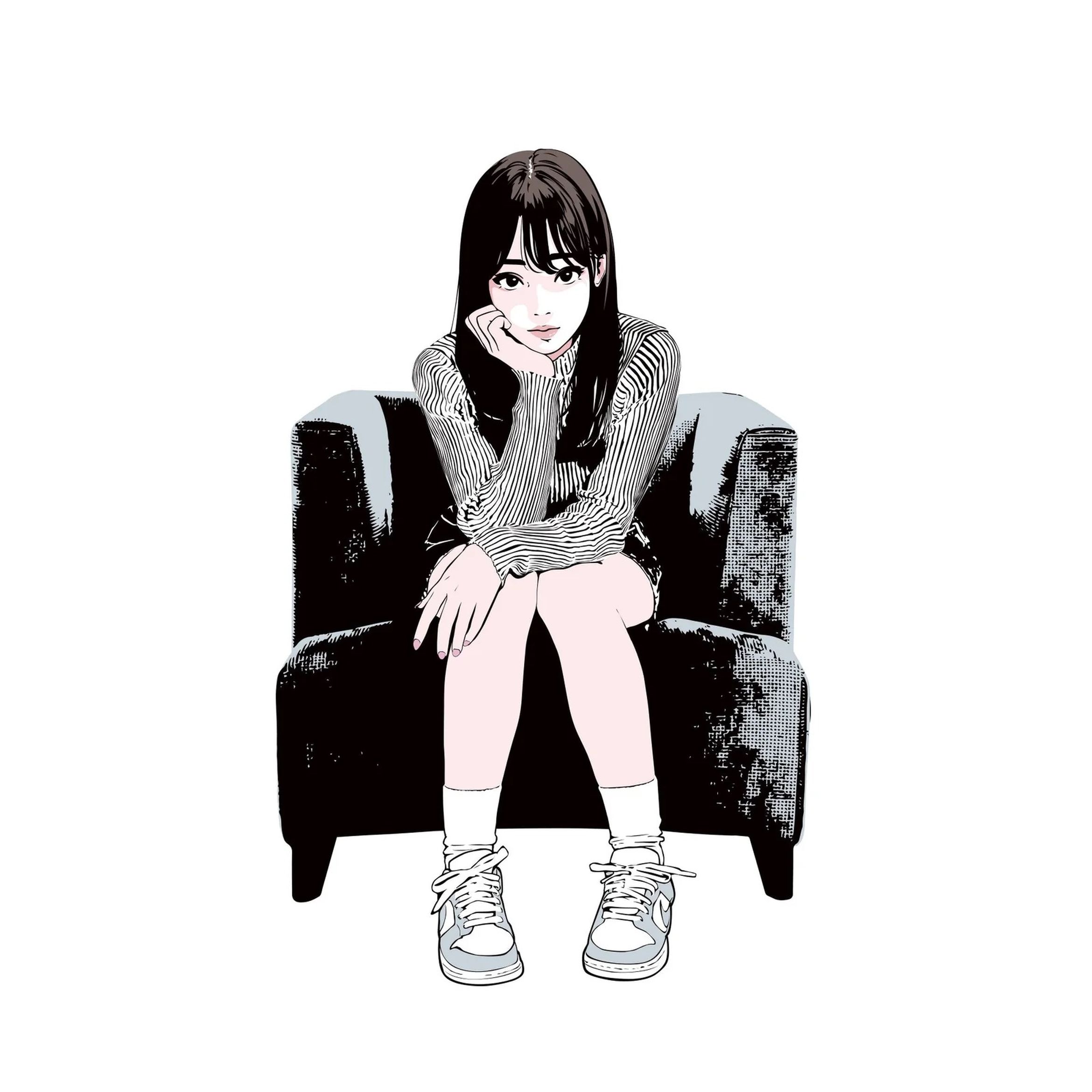 Illustration of a woman sitting on a couch, chin resting on hand, wearing a striped shirt, skirt, and sneakers, against a plain background.