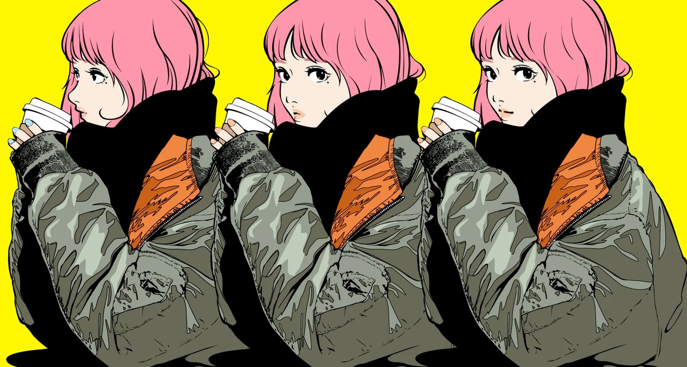 Illustration of a pink-haired woman in a green jacket, holding a cup, repeated three times against a yellow background.