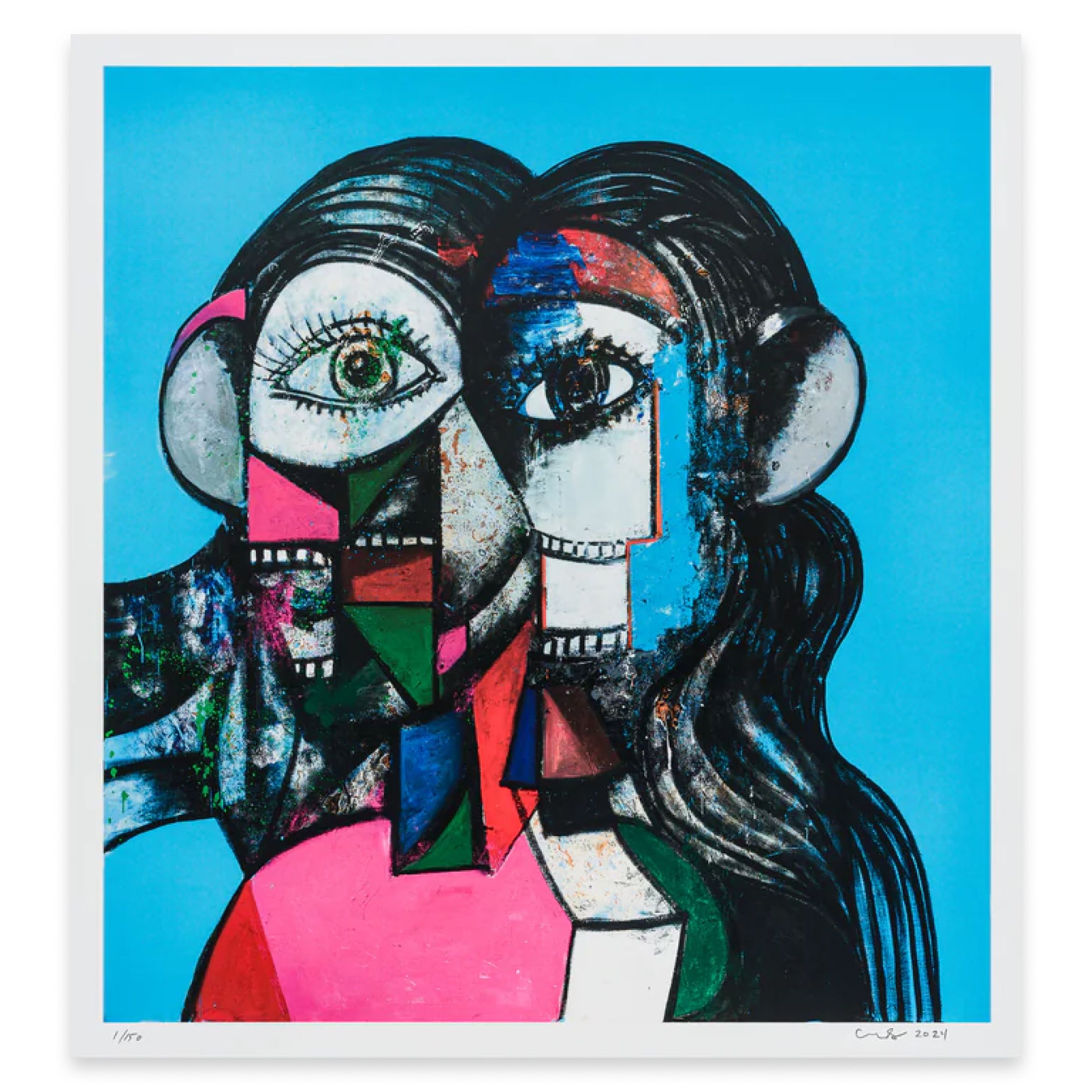 Abstract portrait with two overlapping faces in cubist style, featuring geometric shapes and vibrant colors against a bright blue background.