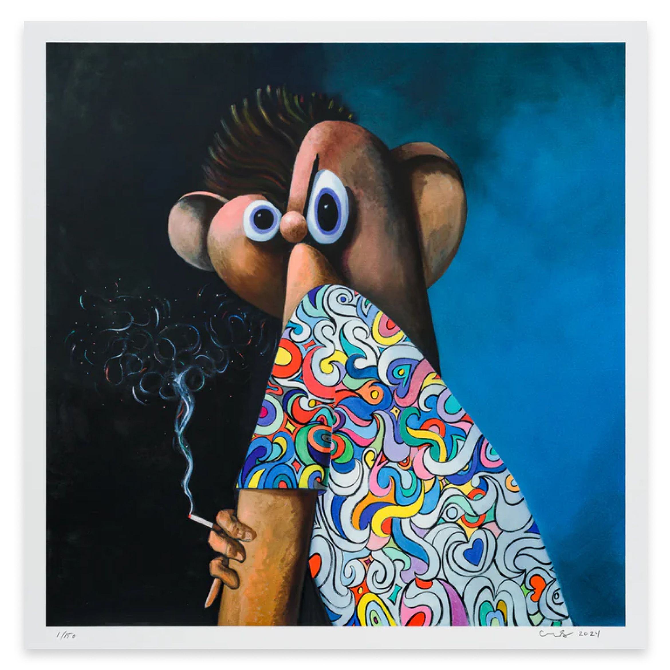 A cartoonish figure with large eyes holds a cigarette, wearing a colorful, abstract-patterned shirt against a dark blue background.