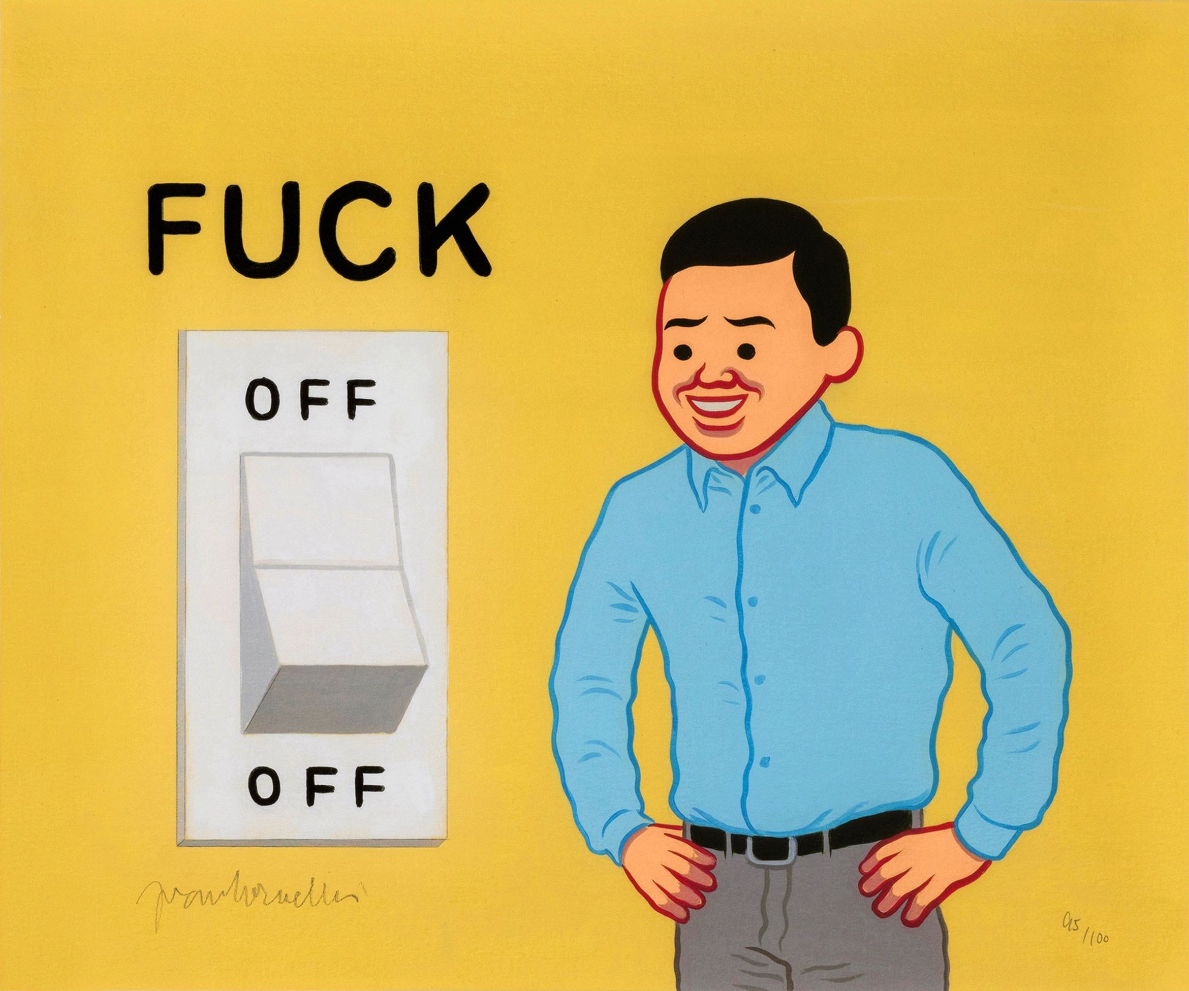 A satirical artwork, 'Fuck Off/Off' by Joan Cornellà