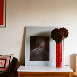 framed artwork on a wooden chest with some deep red flowers framed artwork on a wooden chest with some deep red flowers