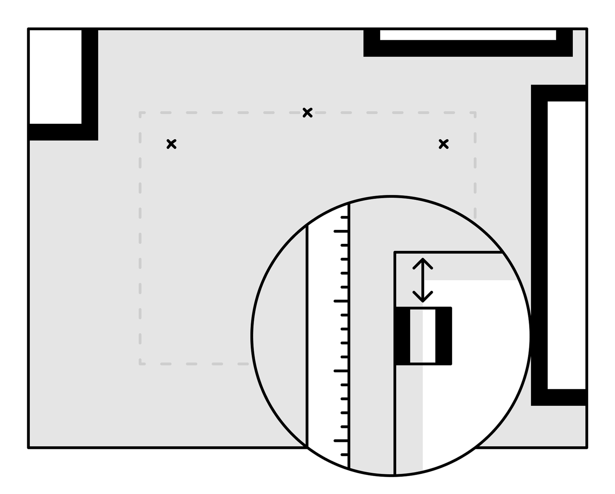 An illustration showing a tape measure distance from a tooth hanger to the top of the frame