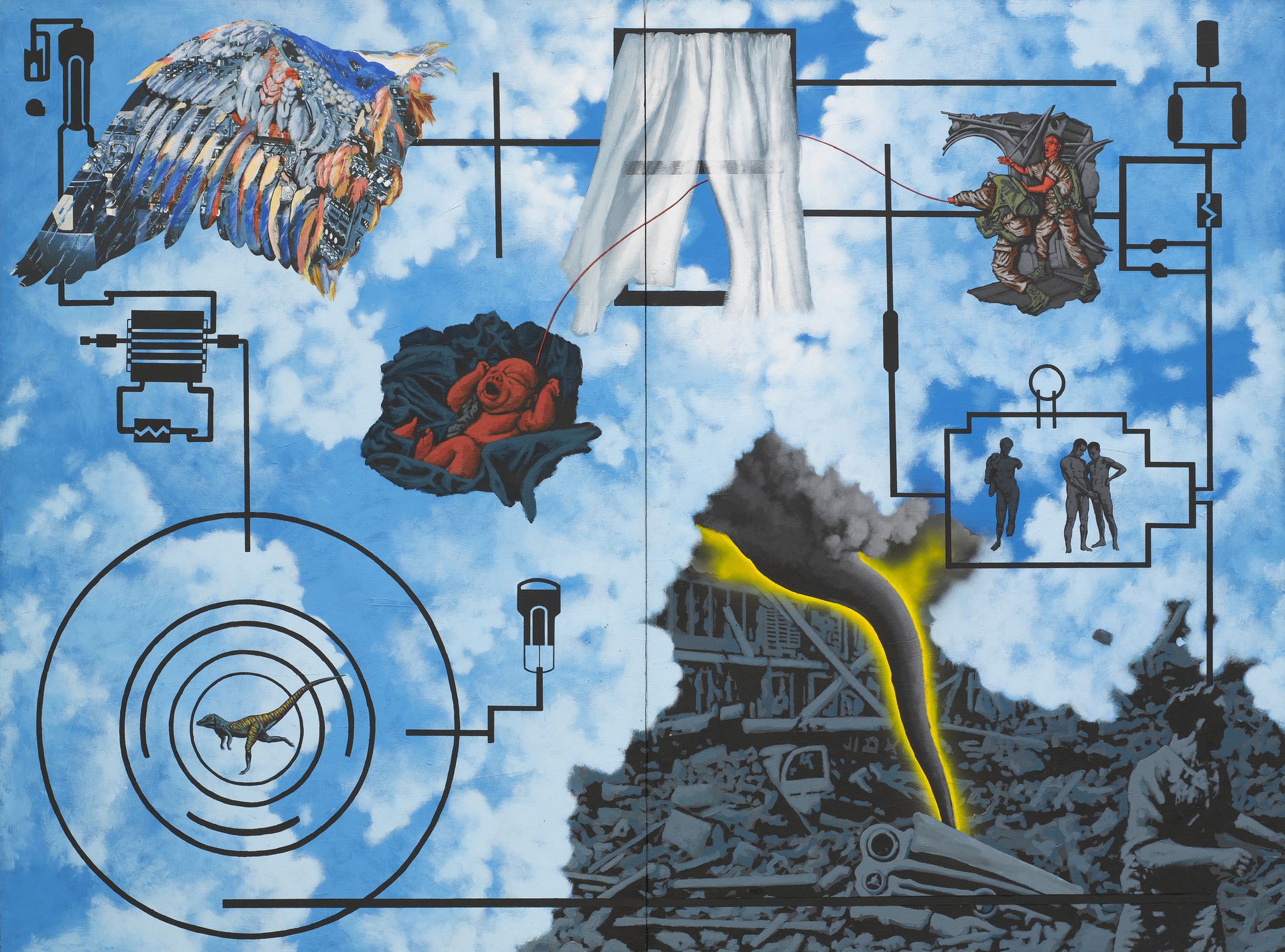 Surreal collage with a winged figure, a baby, curtains, soldiers, dinosaur, and abstract machinery over a cloudy sky and smoky ruin background.