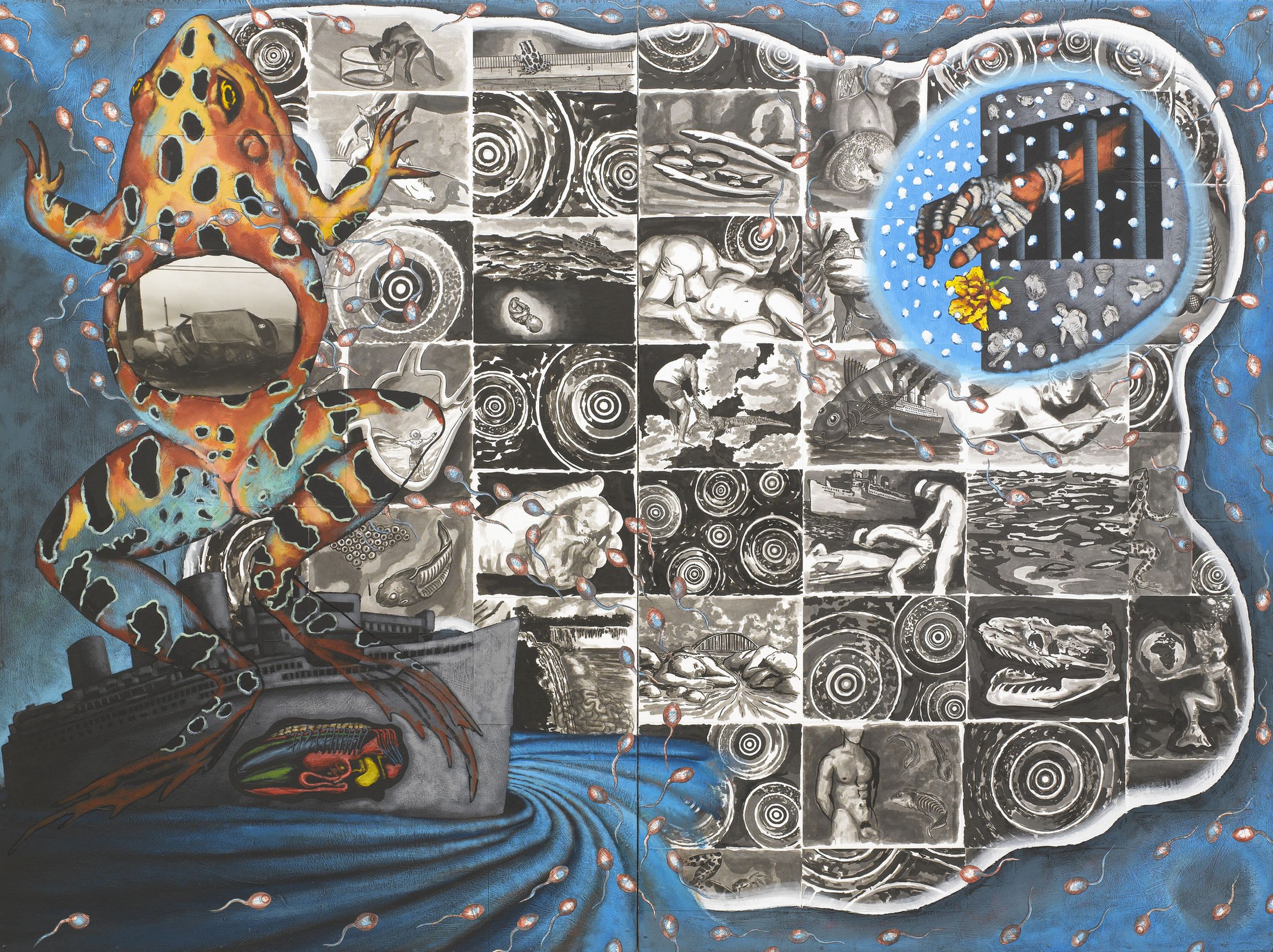 Surreal collage featuring a vibrant frog over grayscale images, including hand, fish, and spiral motifs, with a ship and swirling blue background.