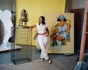 Tschabalala Self in her studio with a bronze sculpture and big yellow painting Tschabalala Self in her studio with a bronze sculpture and big yellow painting