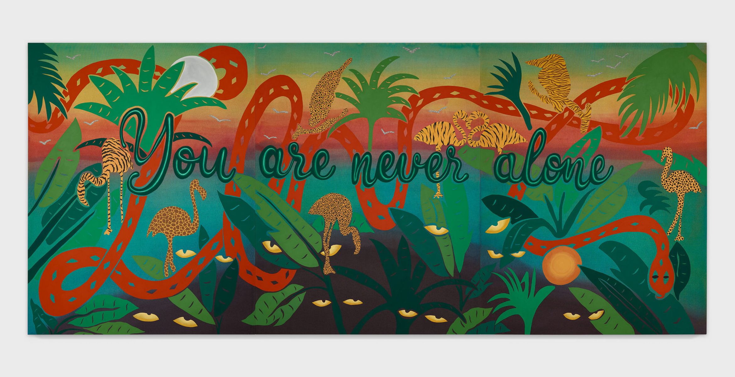 Vibrant jungle scene with colorful plants, snakes, and hidden eyes, featuring the words "You are never alone" in script.