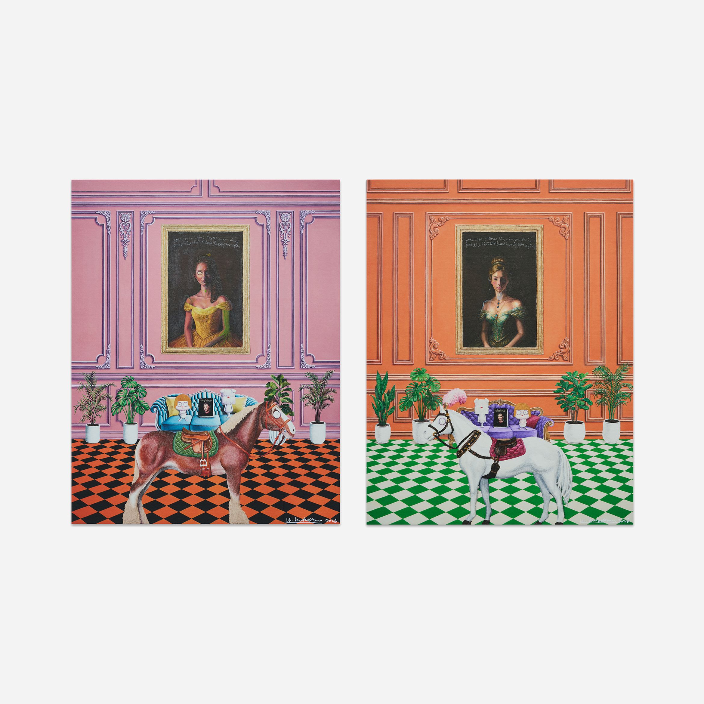 Two paintings of horses in colorful rooms, each with a portrait of a woman on the wall, and plants lining the checkered floors.