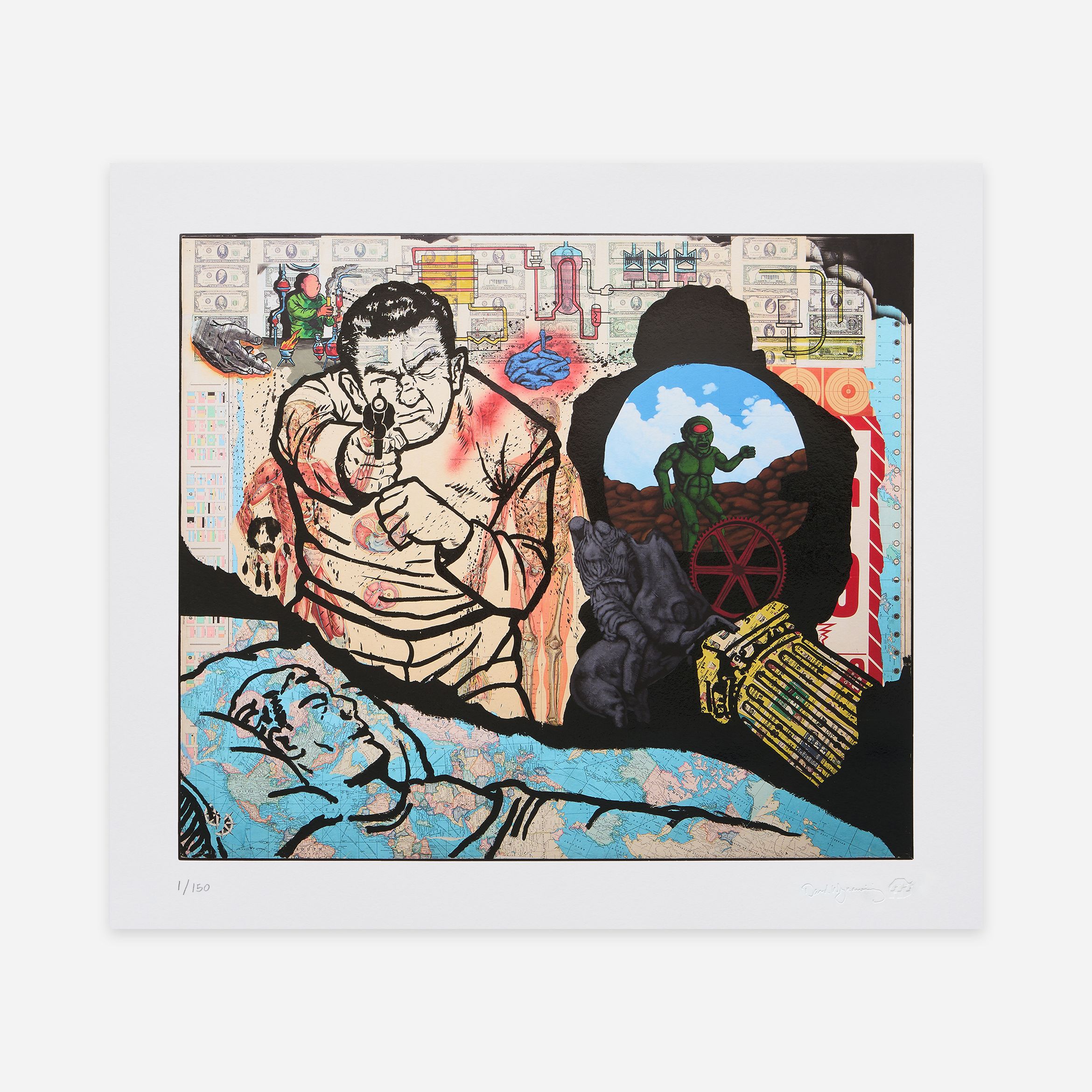 A collage-style artwork featuring a man pointing a gun, abstract figures, and colourful backgrounds, blending realistic and surreal elements.