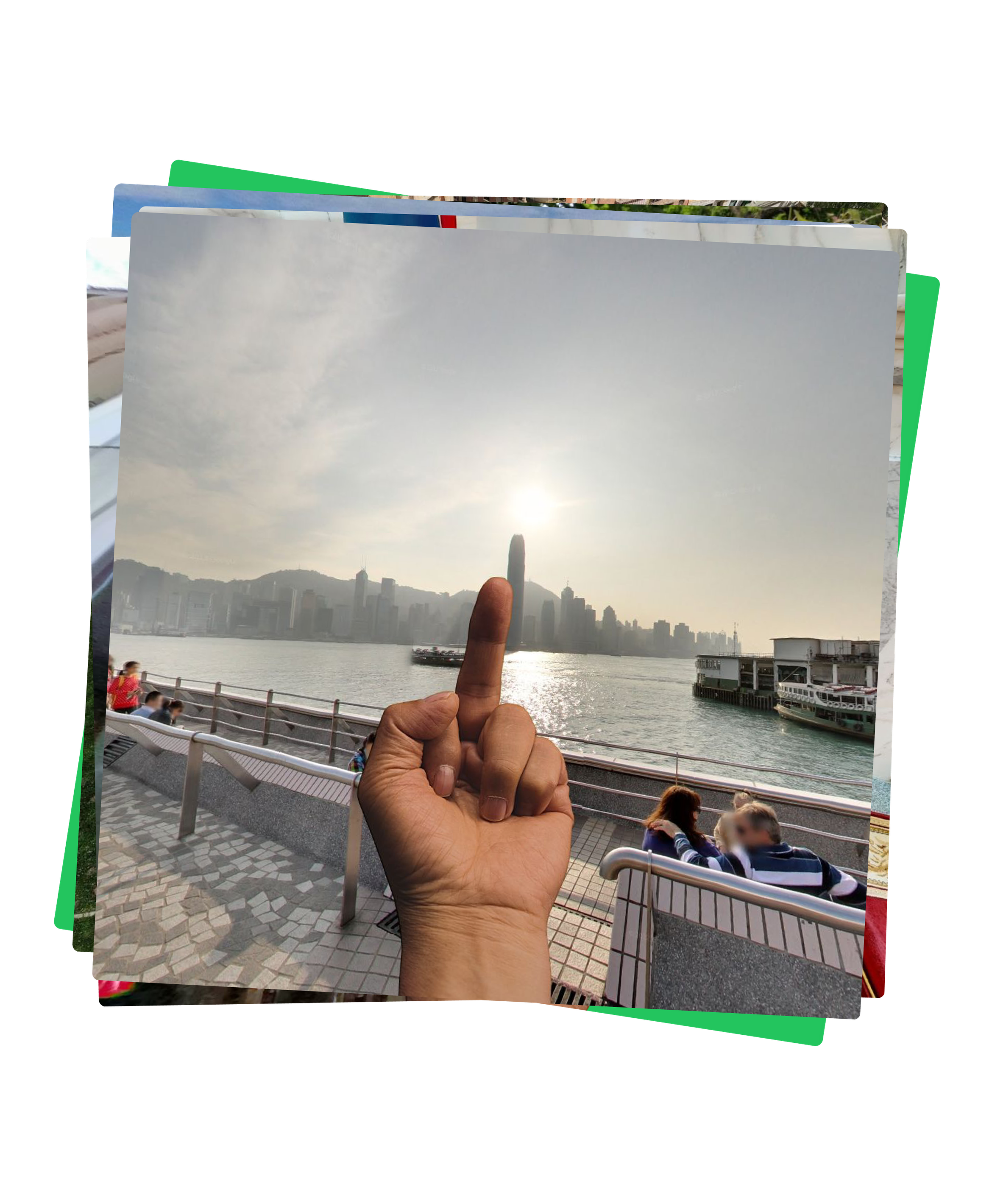 A hand making a gesture towards a city skyline at sunset, with people seated on benches by the waterfront.