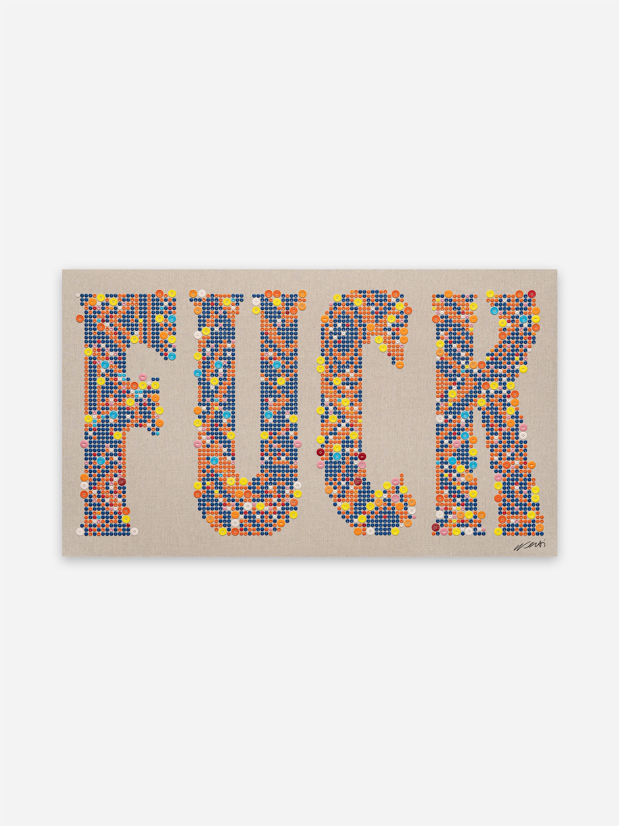 The word "FUCK" is formed using multicolored buttons on a beige canvas background. The word "FUCK" is formed using multicolored buttons on a beige canvas background.